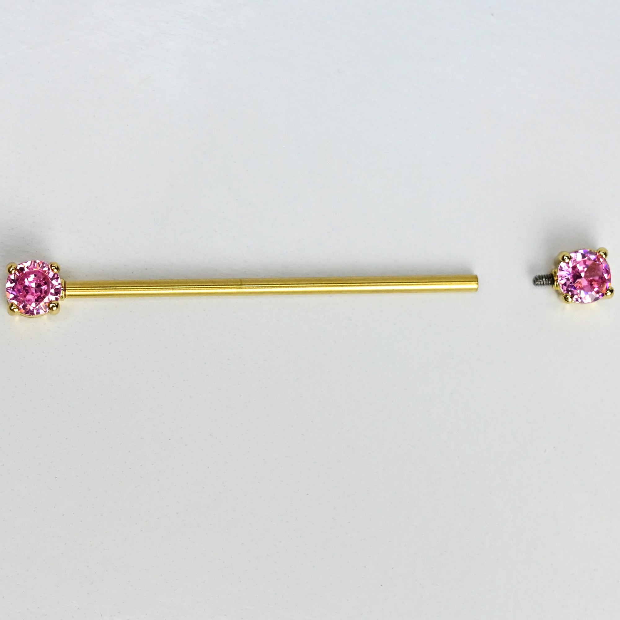 BodyCandy 14G Pink Gem Gold Tone Internally Threaded Industrial Barbell 38mm — detail close-up