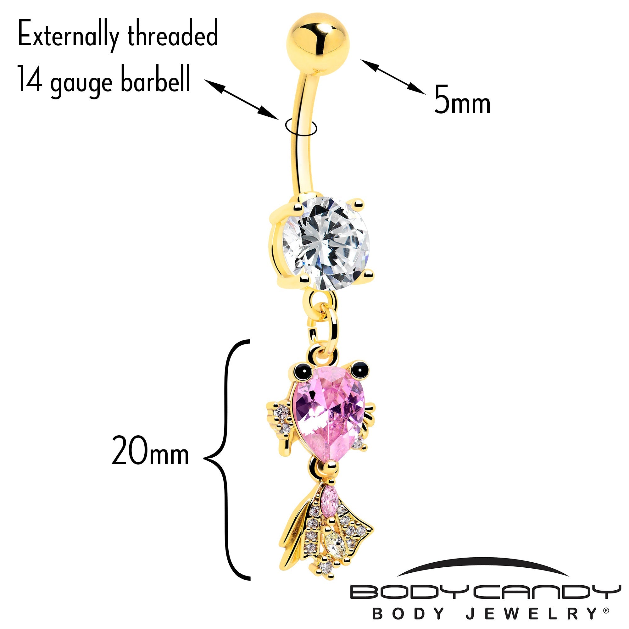 BodyCandy Clear Pink CZ Gem Gold Tone Fanciful Fish Dangle Belly  Ring — detail close-up