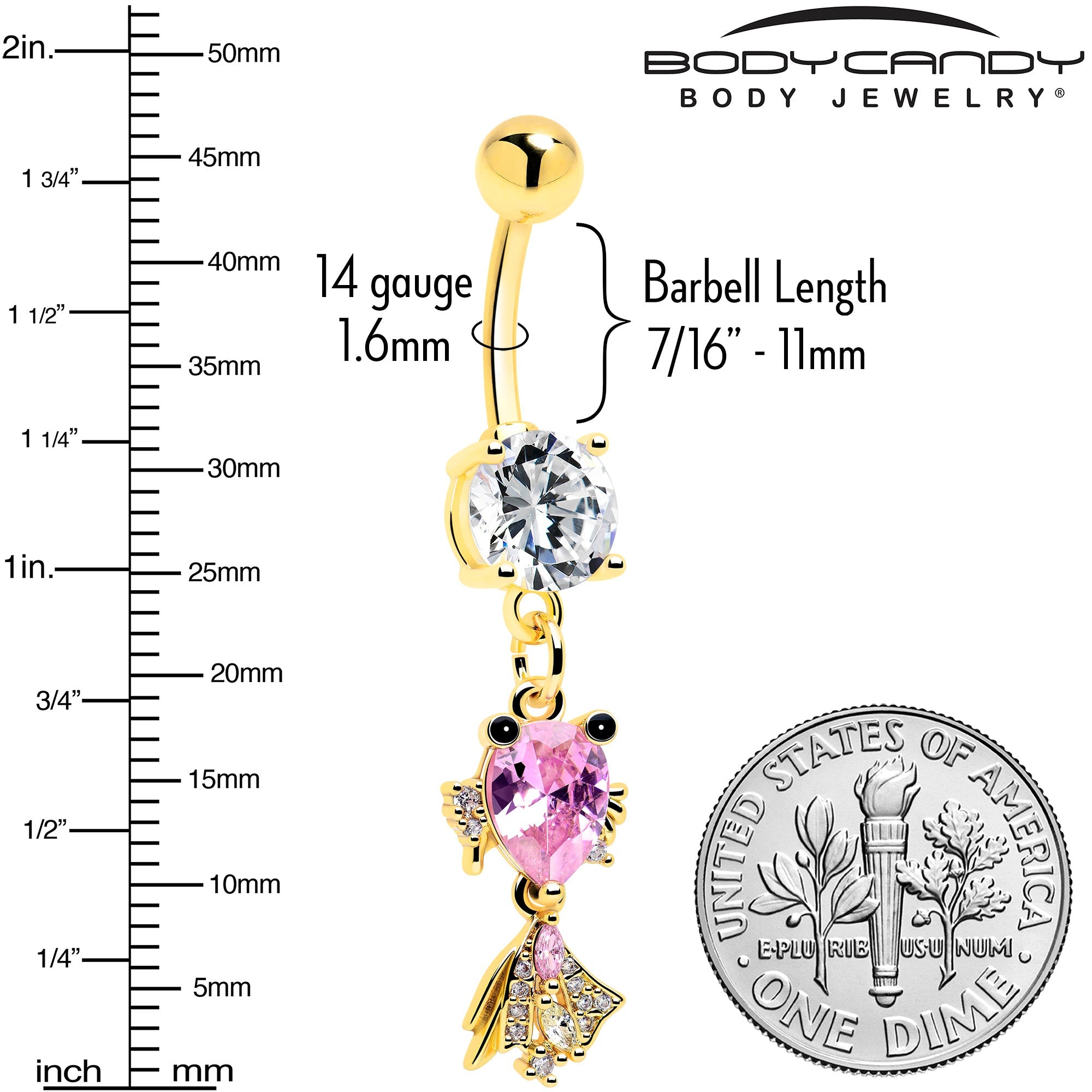 BodyCandy Clear Pink CZ Gem Gold Tone Fanciful Fish Dangle Belly  Ring — side view