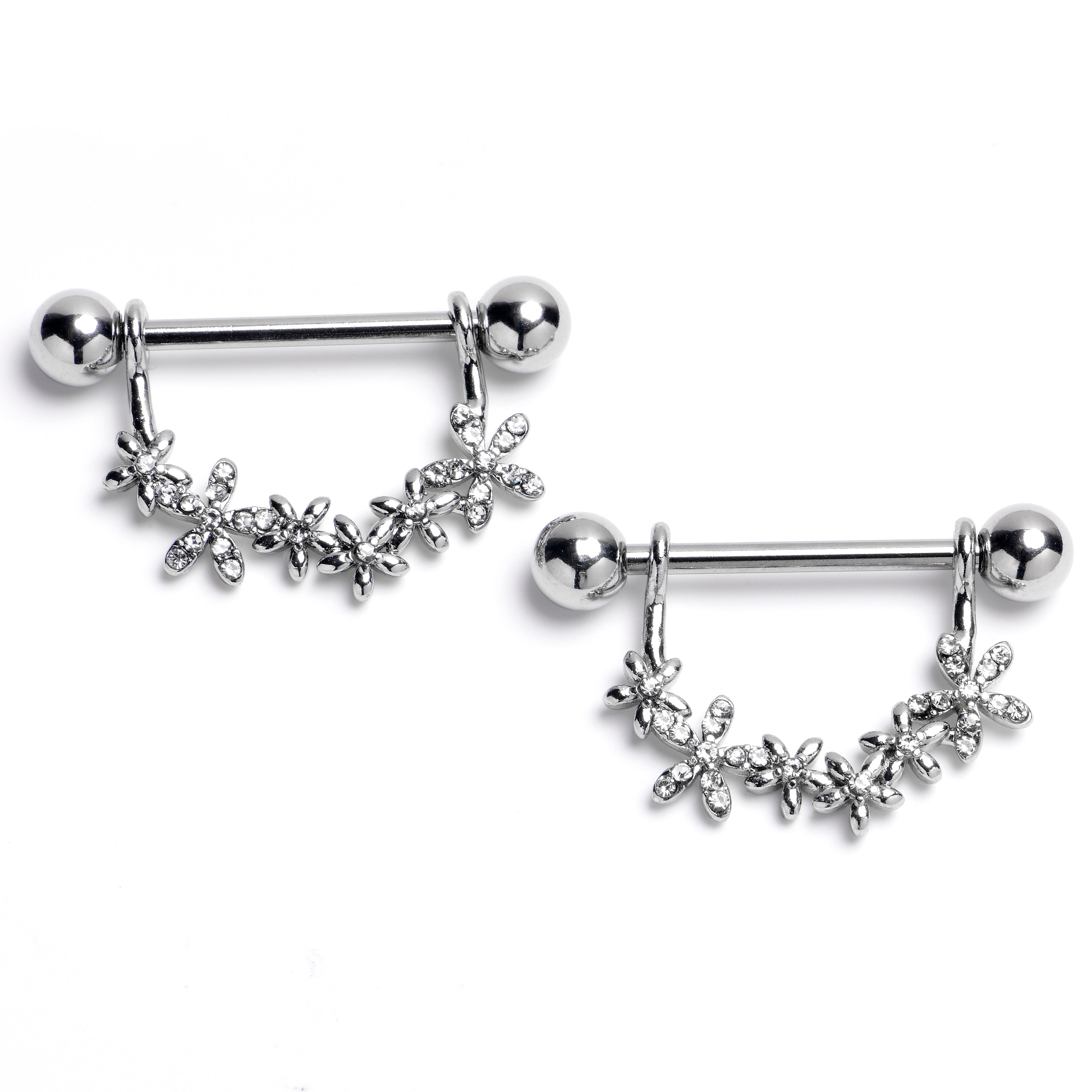 BodyCandy 14G 9/16 Clear Gem Flower Chain Dangle Nipple Ring Set — main product shot