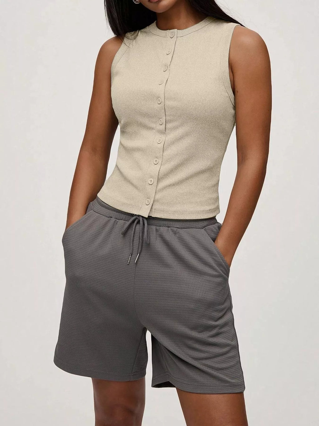 Ribbed Button-Front Sleeveless Tank