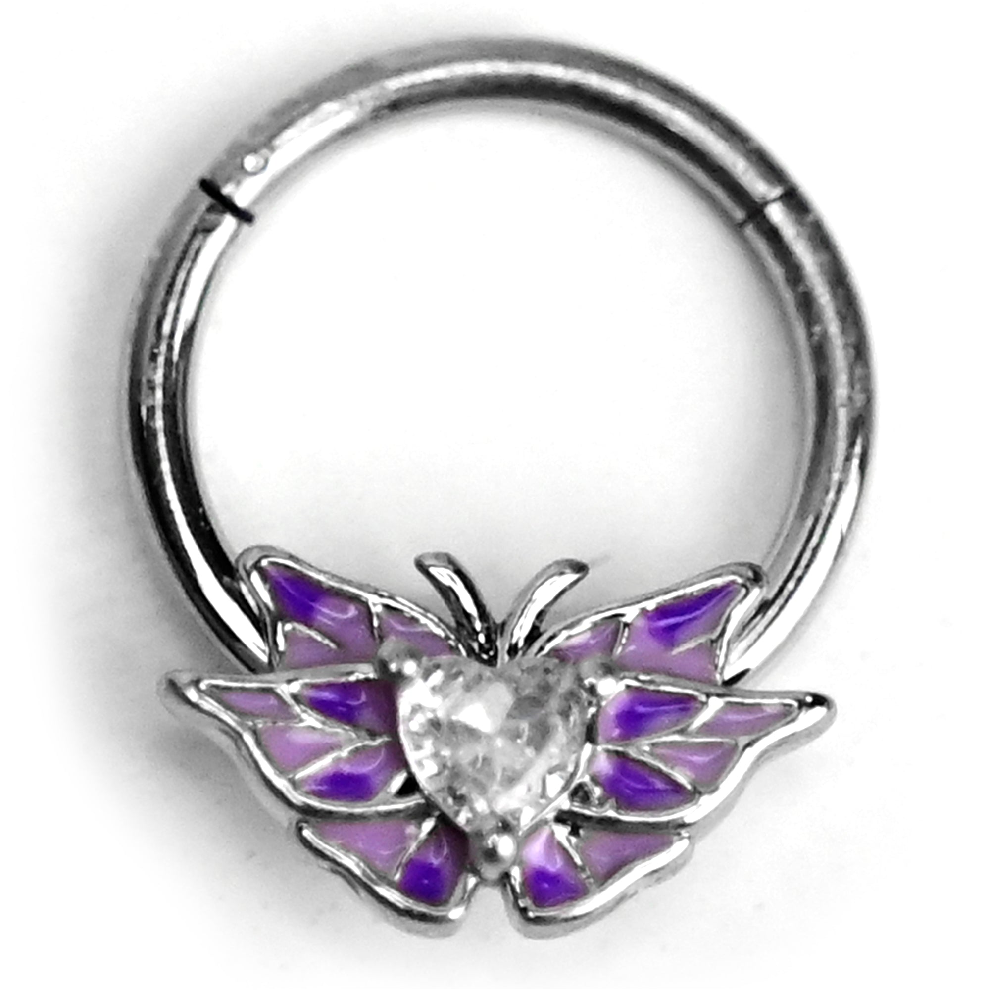 BodyCandy 16G 3/8 Clear Gem Heart Butterfly Purple Hinged Segment Ring — main product shot