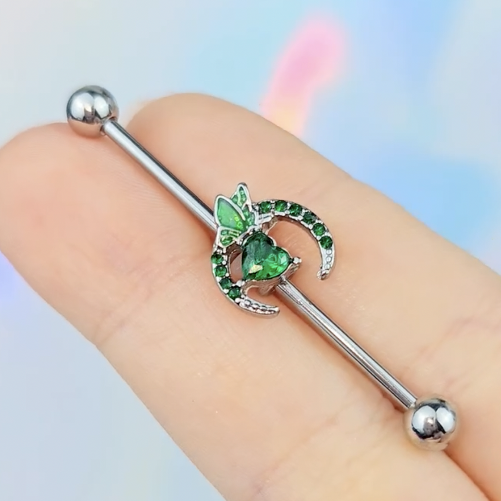 BodyCandy 14G Green Gem Dragonfly Moon Opulence Industrial Barbell 38mm — main product shot