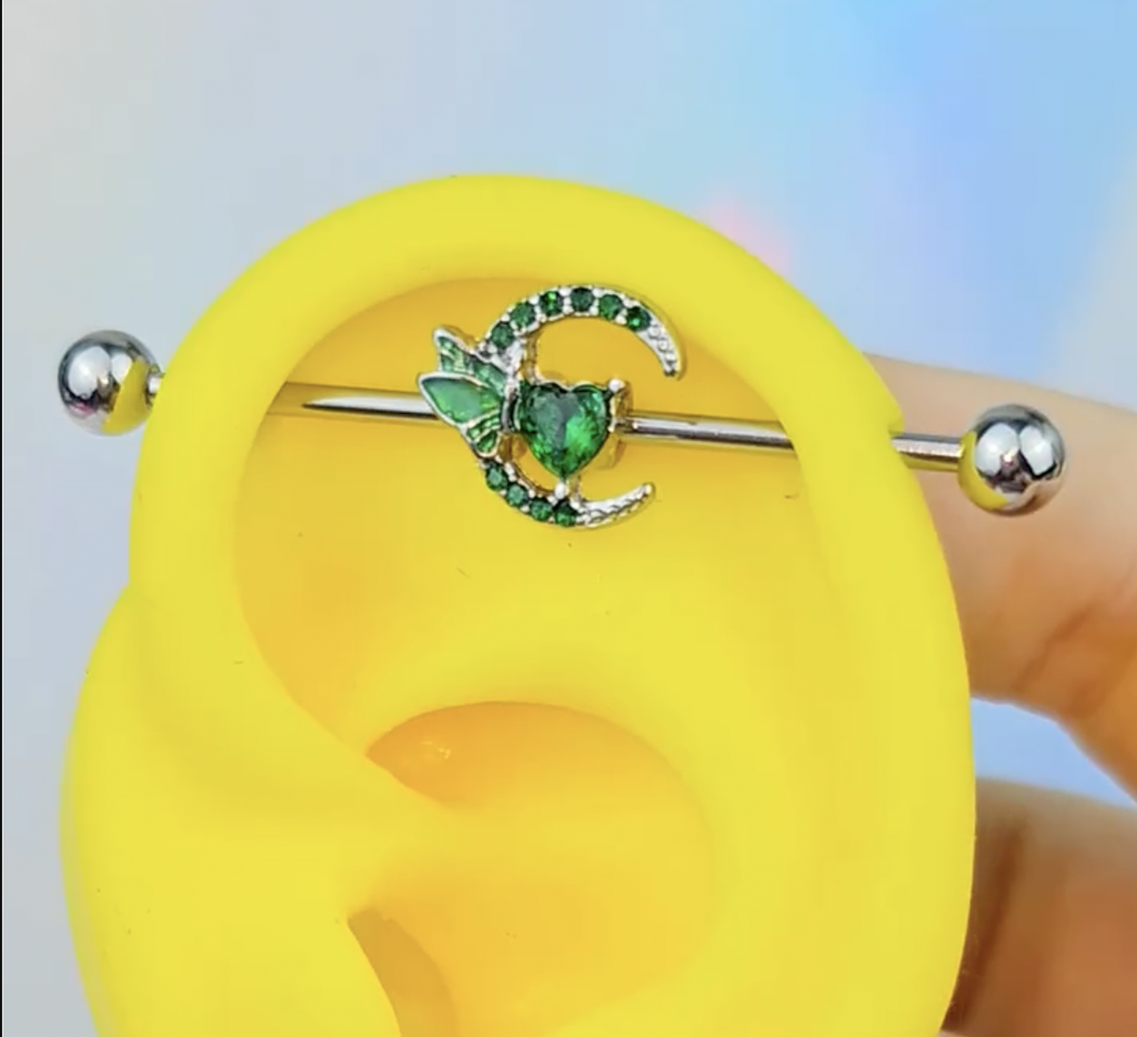 BodyCandy 14G Green Gem Dragonfly Moon Opulence Industrial Barbell 38mm — detail close-up