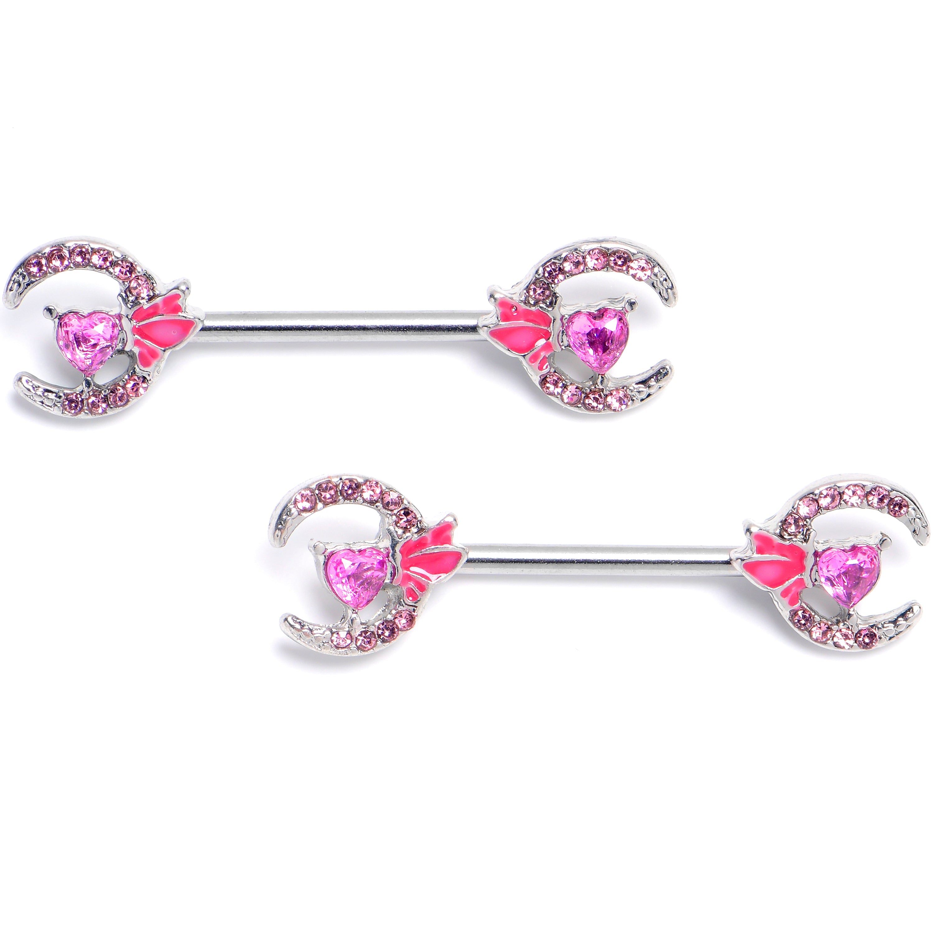 BodyCandy 14G 9/16 Pink Gem Butterfly Heart Moon Barbell Nipple Ring Set — main product shot