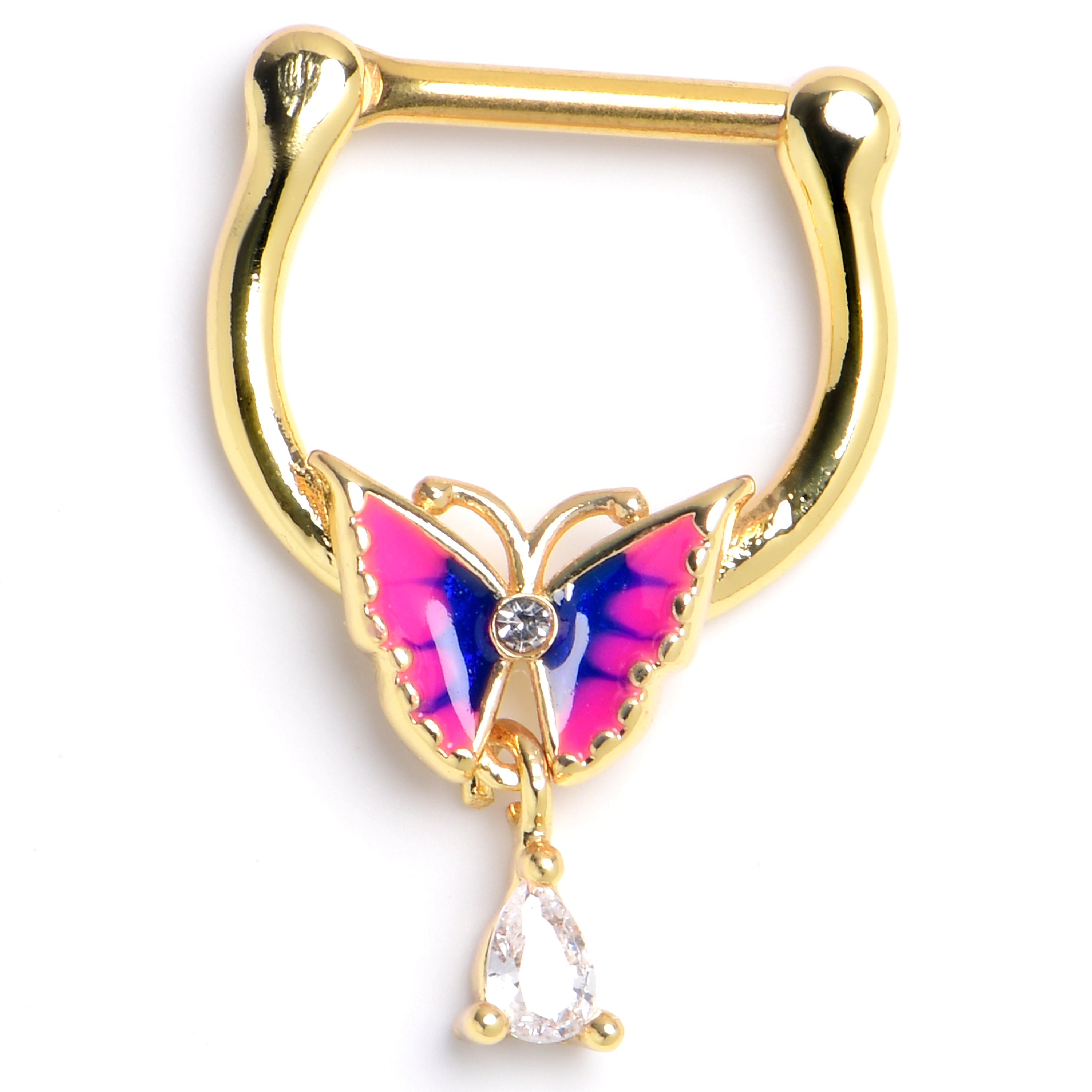 BodyCandy 16G 5/16 Clear CZ Gem Gold Tone Butterfly Pink Dangle Clicker — main product shot