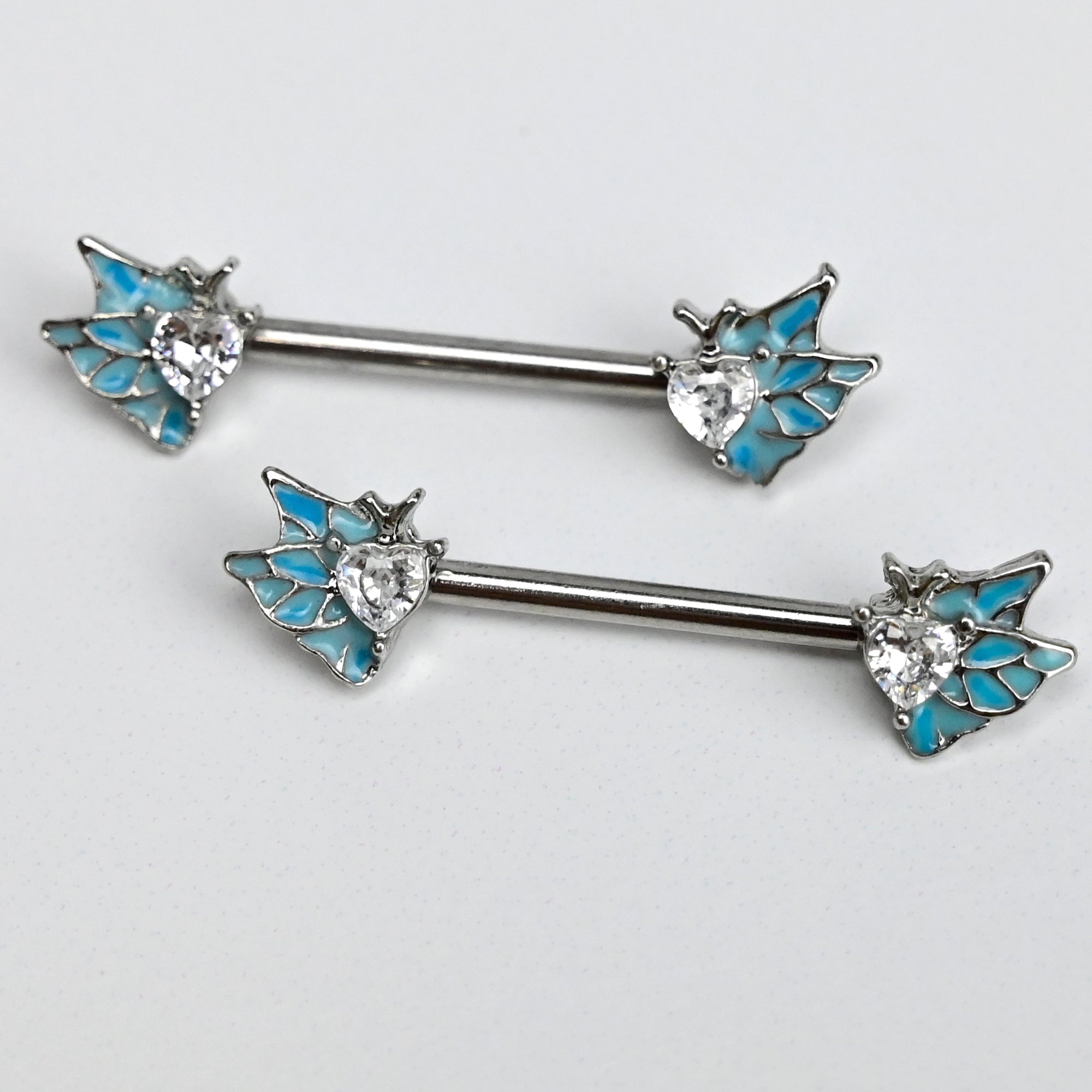 BodyCandy 14G 9/16 Clear Gem Heart Butterfly Blue Barbell Nipple Ring Set — main product shot