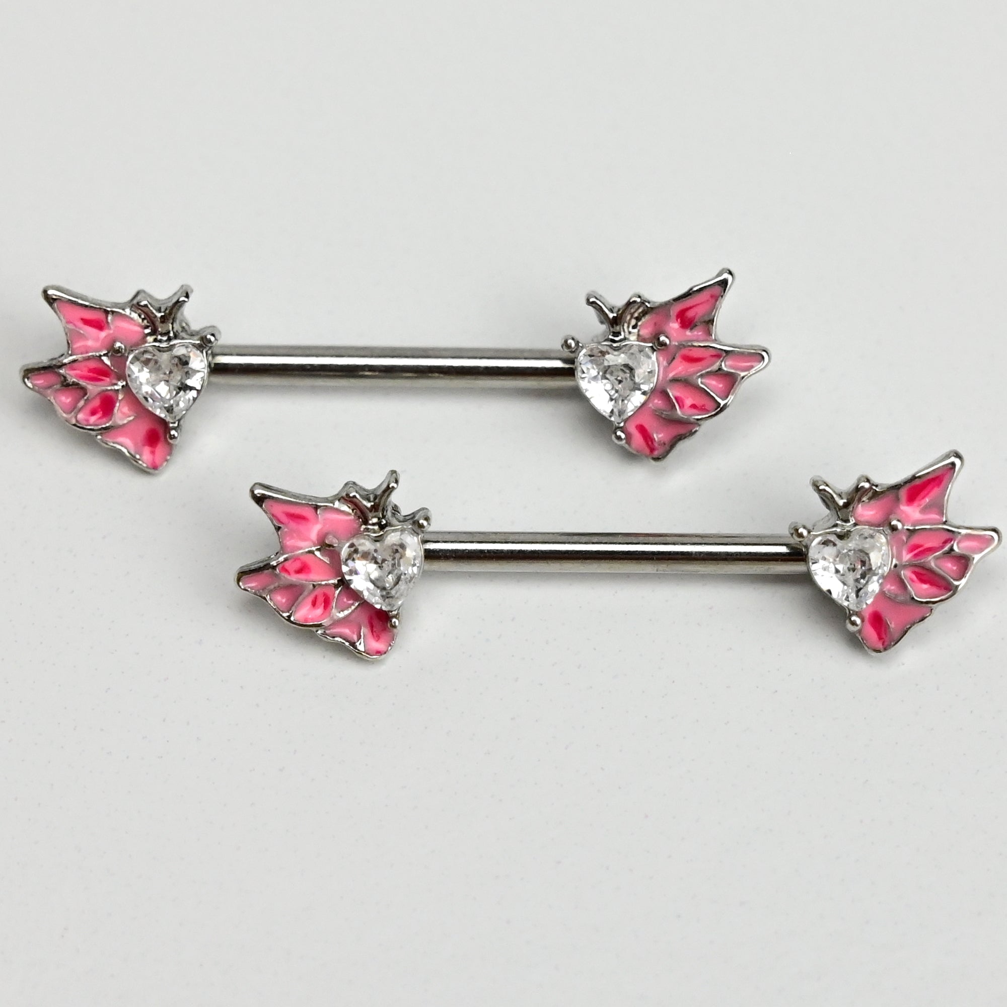 BodyCandy 14G 9/16 Clear Gem Heart Butterfly Pink Barbell Nipple Ring Set — main product shot