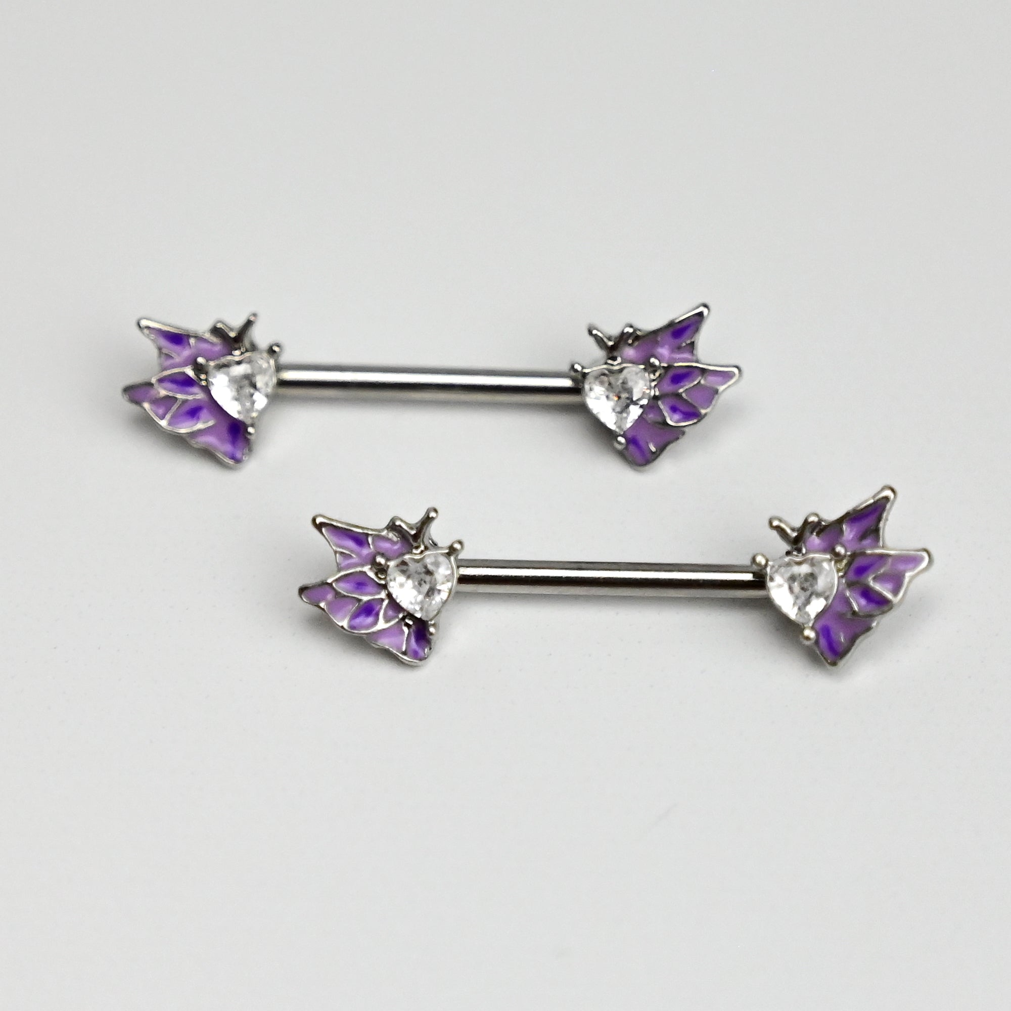 BodyCandy 14G 9/16 Clear Gem Heart Butterfly Purple Barbell Nipple Ring Set — main product shot