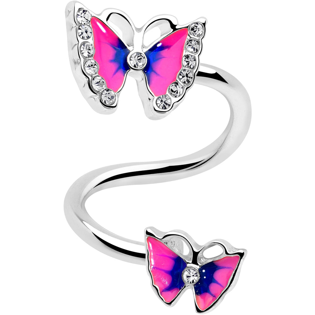 BodyCandy Clear Gem Butterfly Pink Blue Spiral Twister Belly Ring — detail close-up
