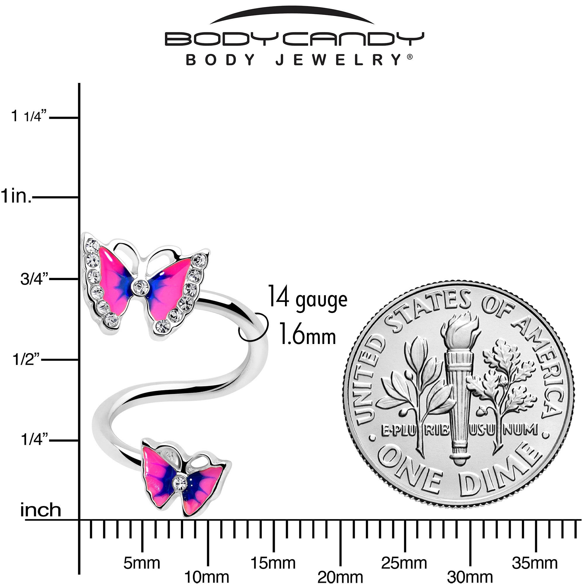 BodyCandy Clear Gem Butterfly Pink Blue Spiral Twister Belly Ring — back view