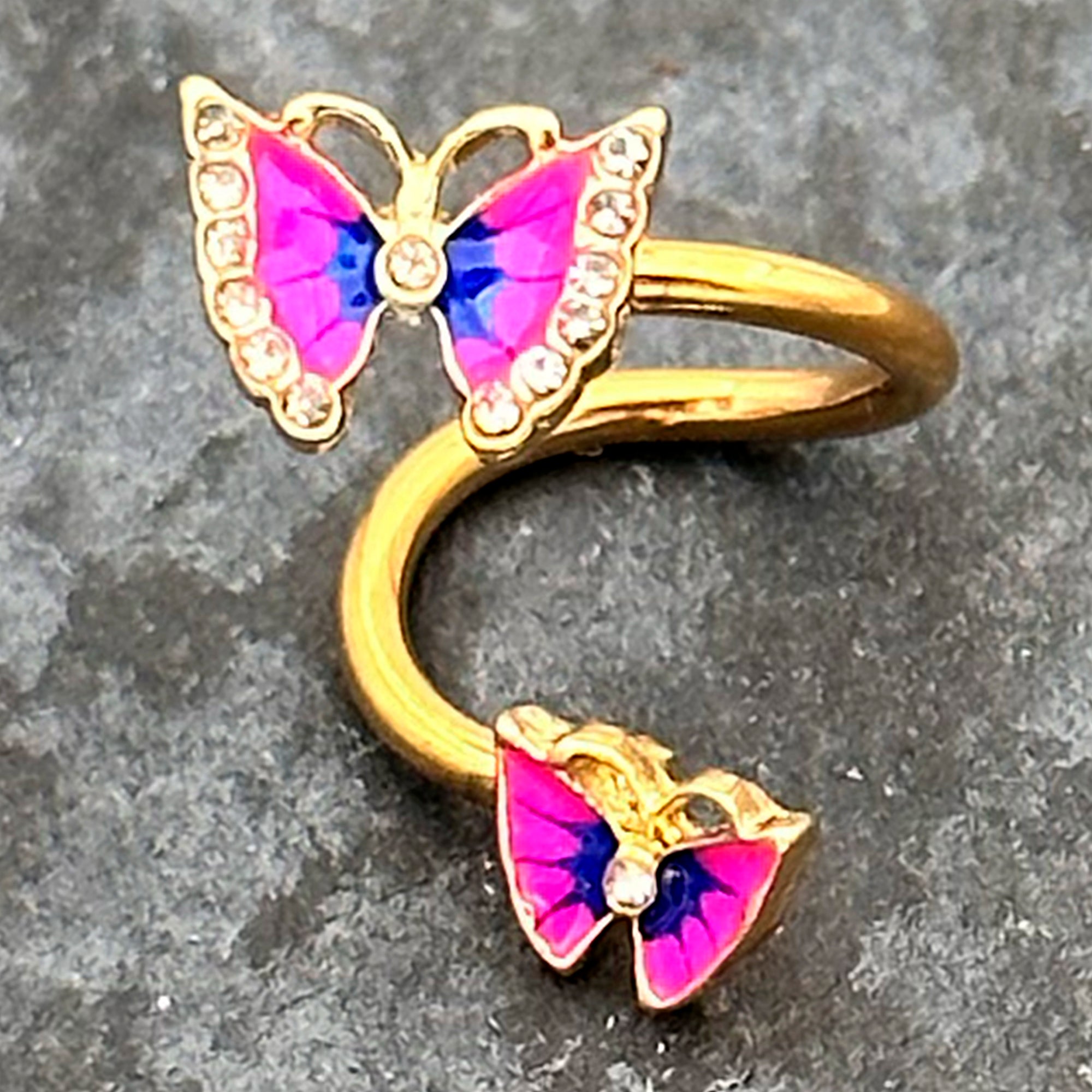 BodyCandy Clear Gem Gold Tone Butterfly Pink Blue Spiral Twister Belly Ring — back view