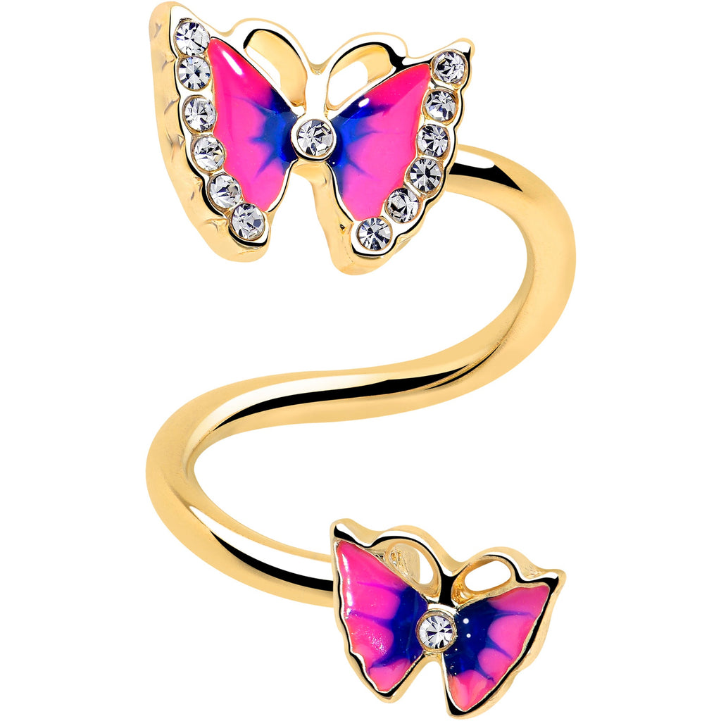 BodyCandy Clear Gem Gold Tone Butterfly Pink Blue Spiral Twister Belly Ring — detail close-up