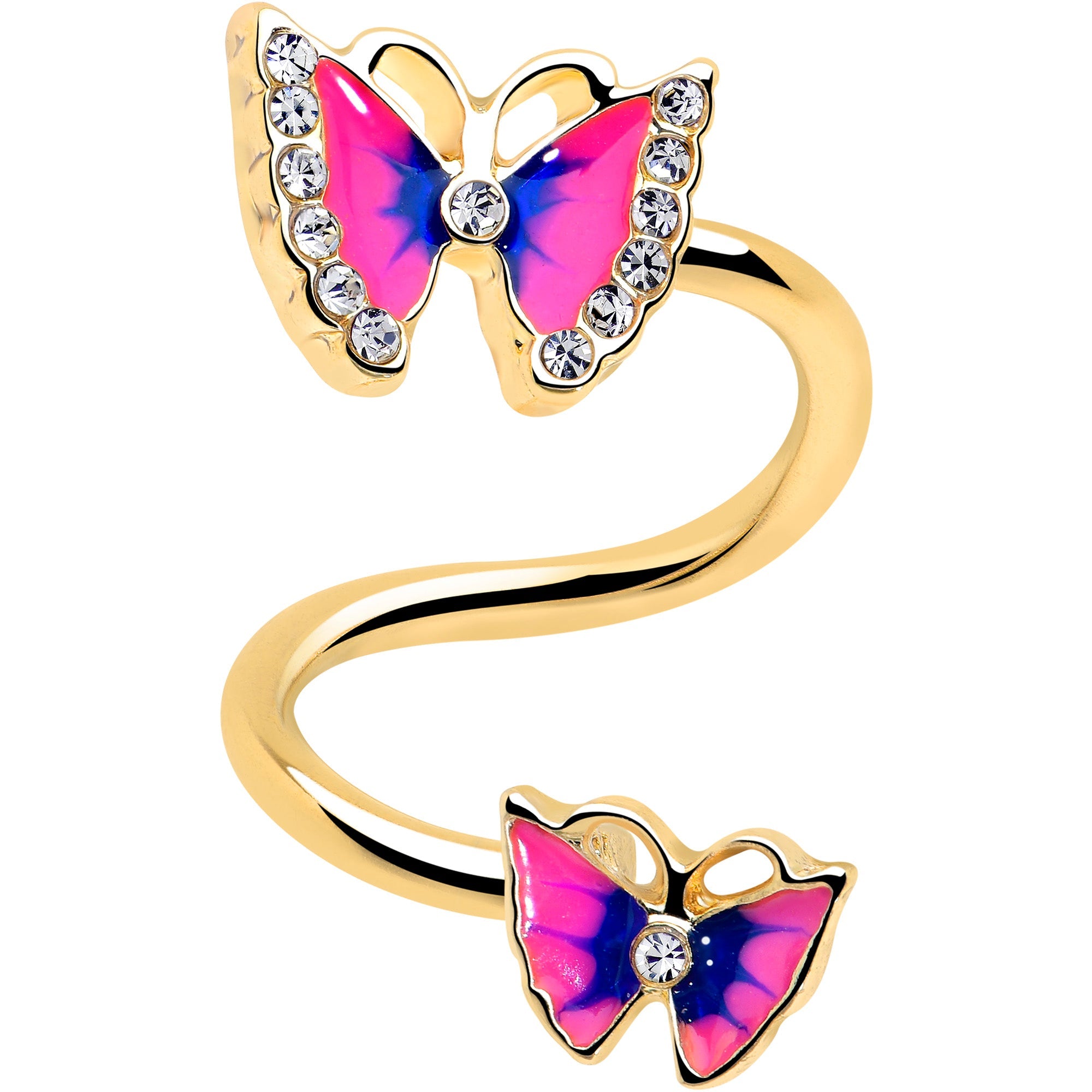 BodyCandy Clear Gem Gold Tone Butterfly Pink Blue Spiral Twister Belly Ring — detail close-up