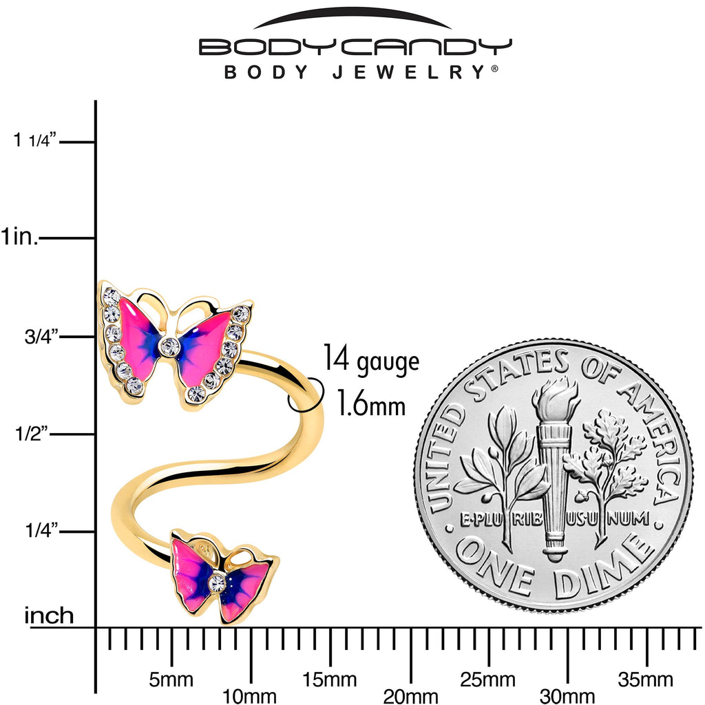 BodyCandy Clear Gem Gold Tone Butterfly Pink Blue Spiral Twister Belly Ring — side view
