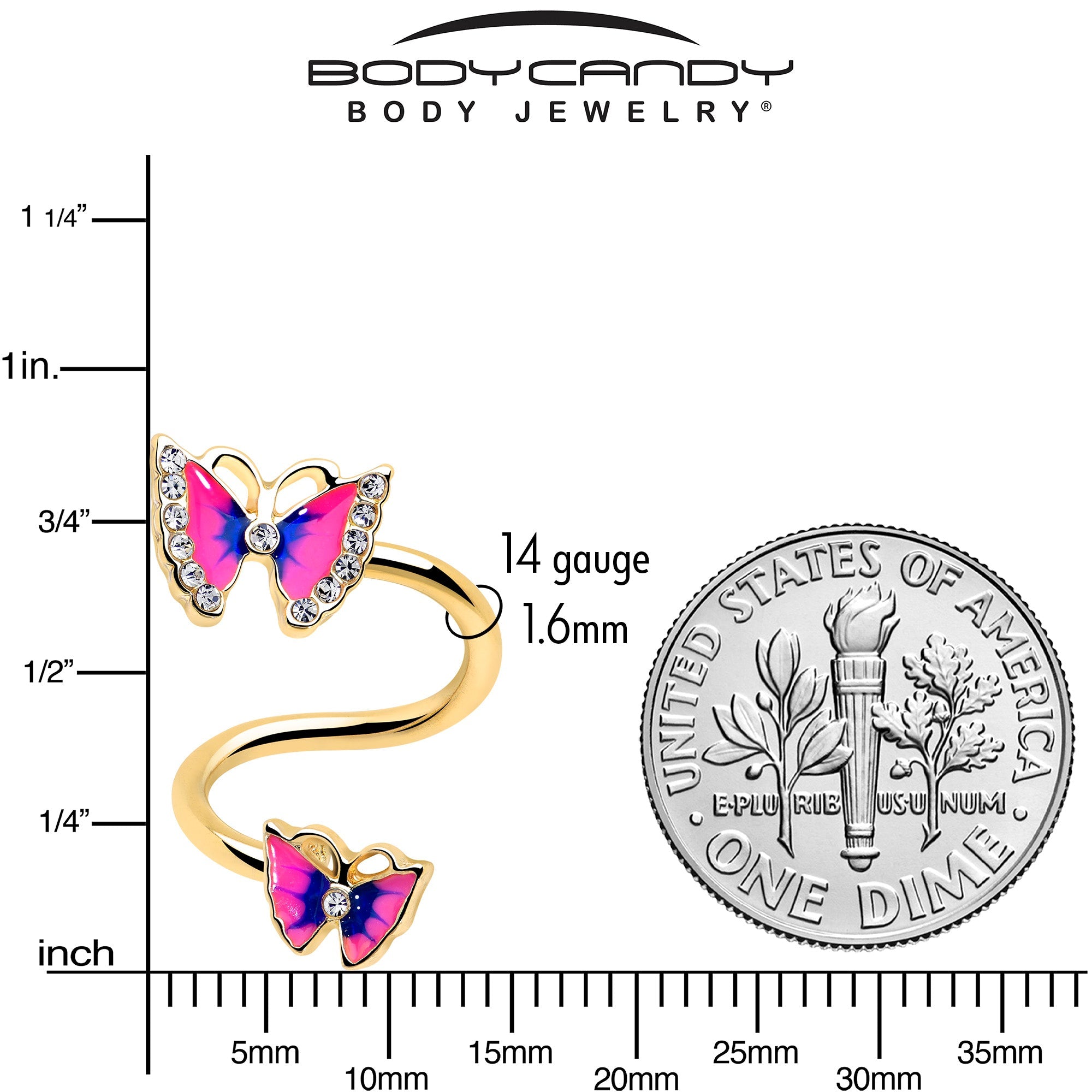 BodyCandy Clear Gem Gold Tone Butterfly Pink Blue Spiral Twister Belly Ring — side view