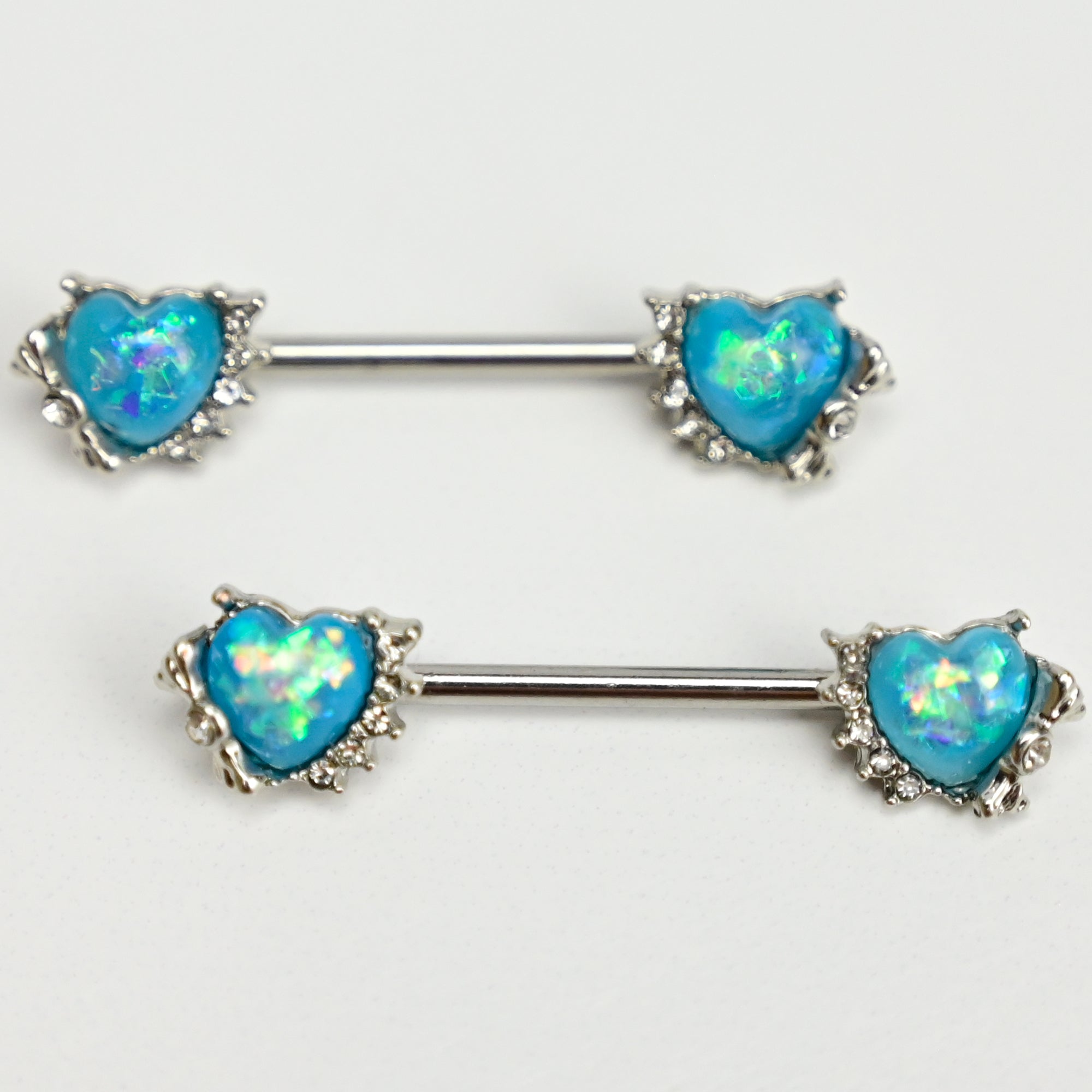 BodyCandy 14G 9/16 Blue Faux Opal Sun Heart Barbell Nipple Ring Set — main product shot