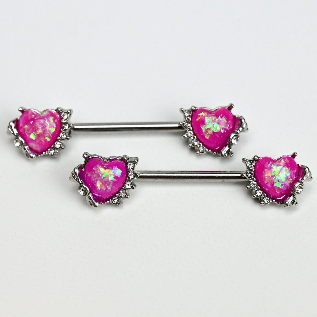 BodyCandy 14G 9/16 Pink Faux Opal Sun Heart Barbell Nipple Ring Set — detail close-up