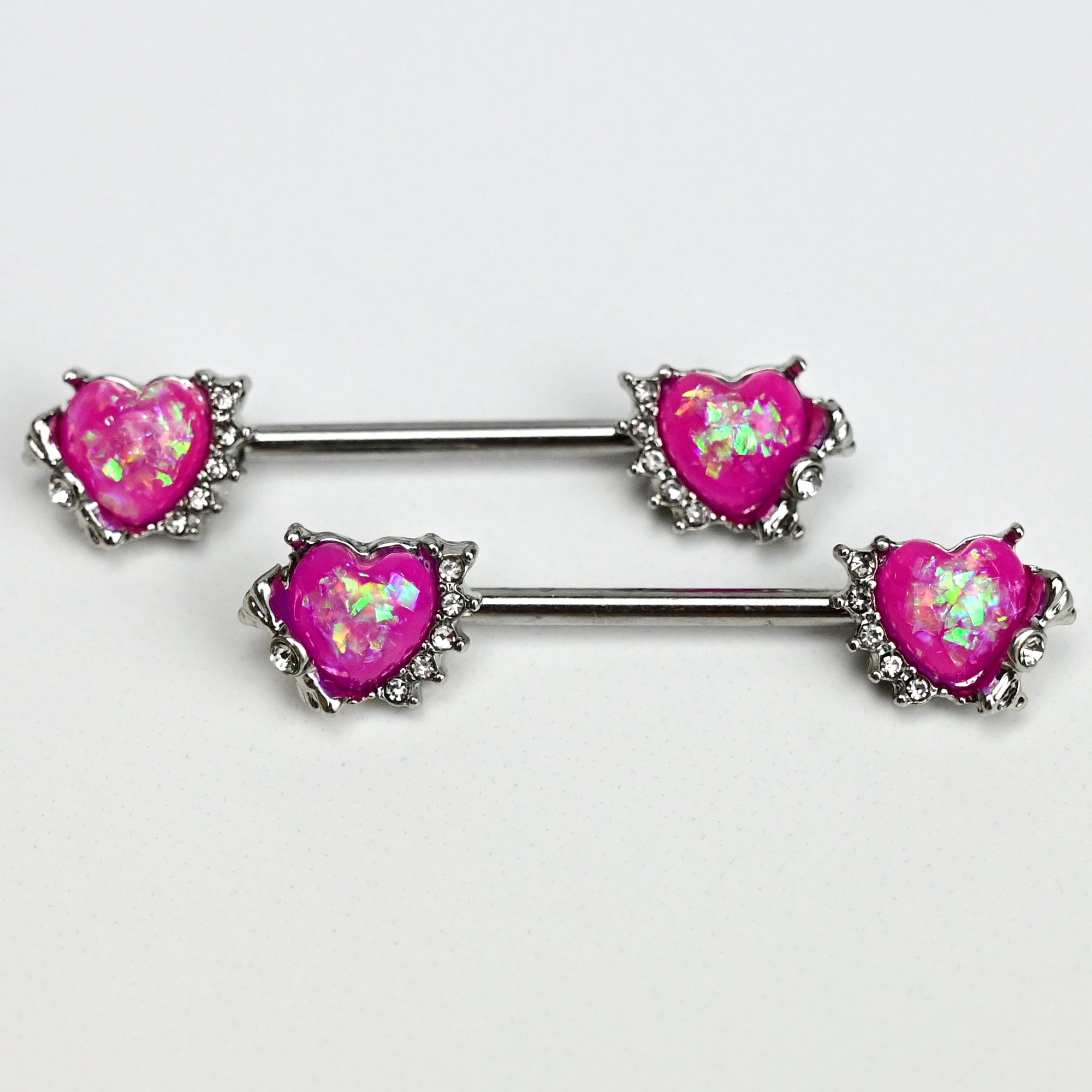 BodyCandy 14G 9/16 Pink Faux Opal Sun Heart Barbell Nipple Ring Set — detail close-up