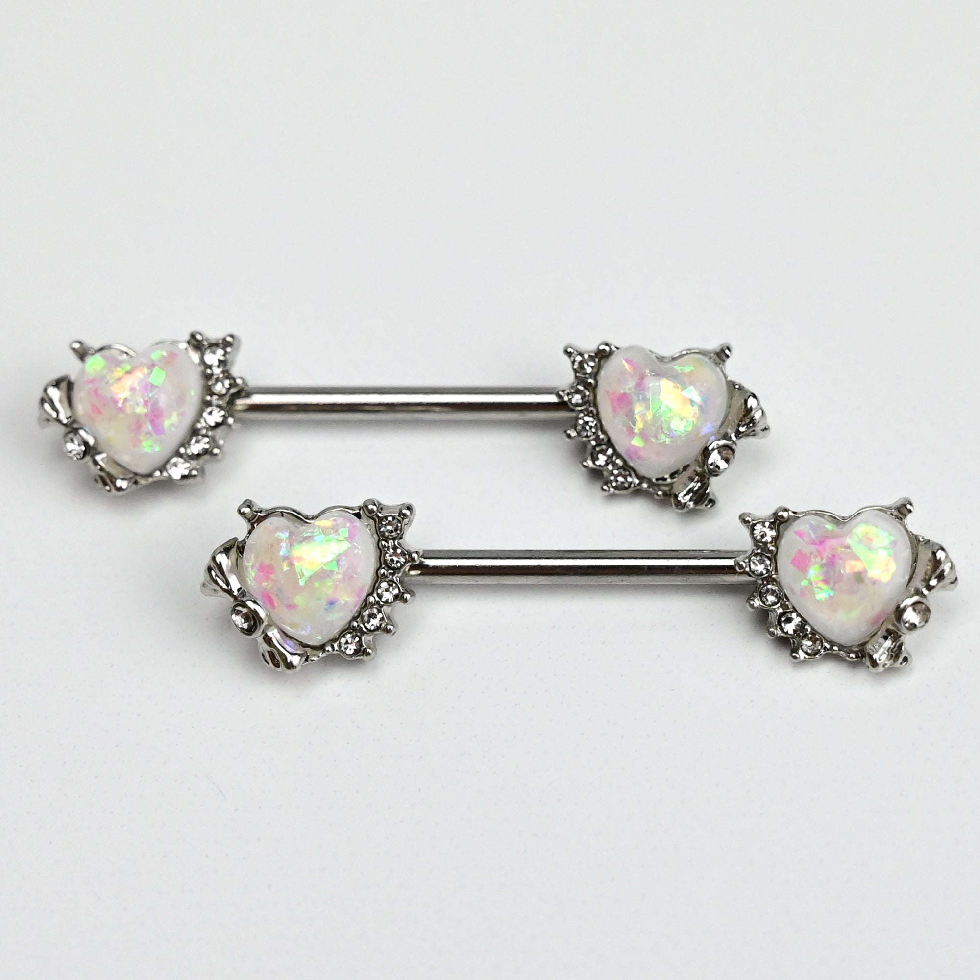 BodyCandy 14G 9/16 White Faux Opal Sun Heart Barbell Nipple Ring Set — main product shot