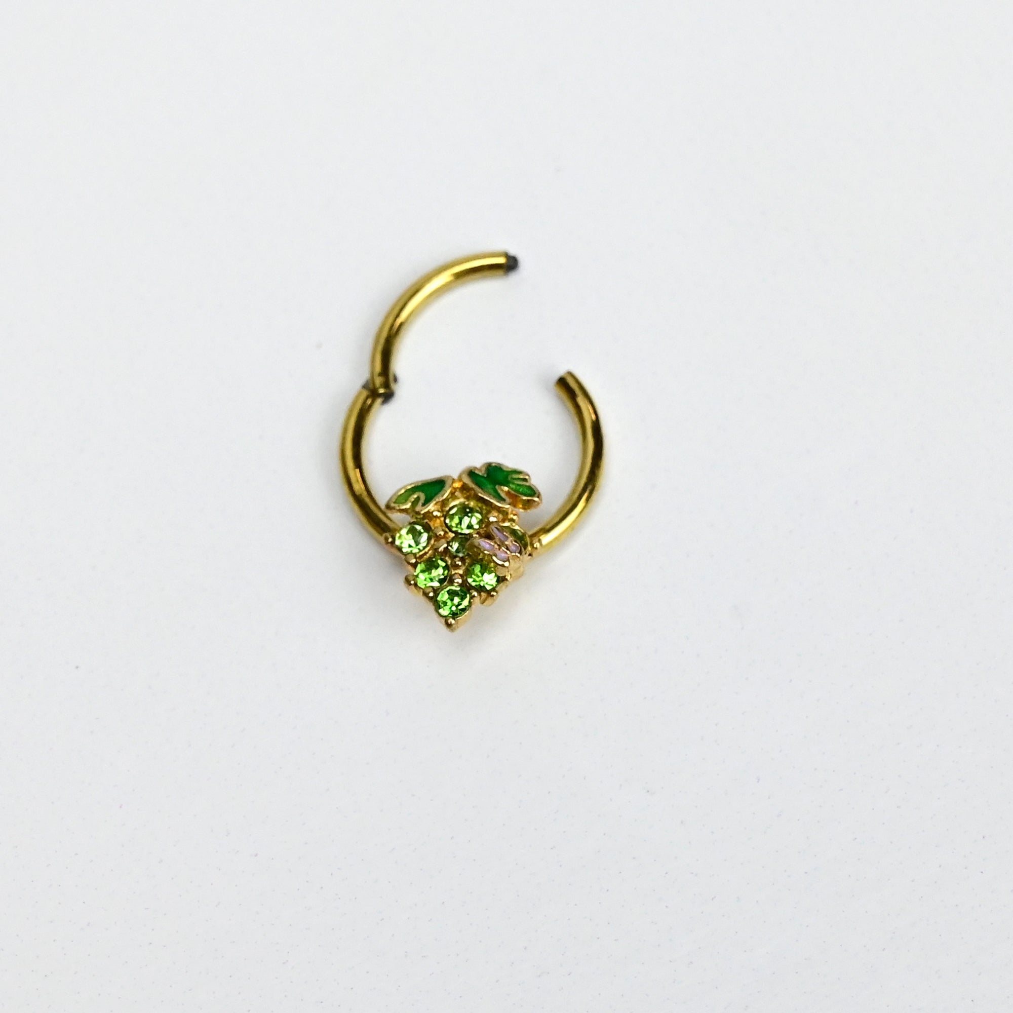 BodyCandy 16G 3/8 Green Gem Gold Tone Butterfly Grapes Hinged Segment Ring — detail close-up