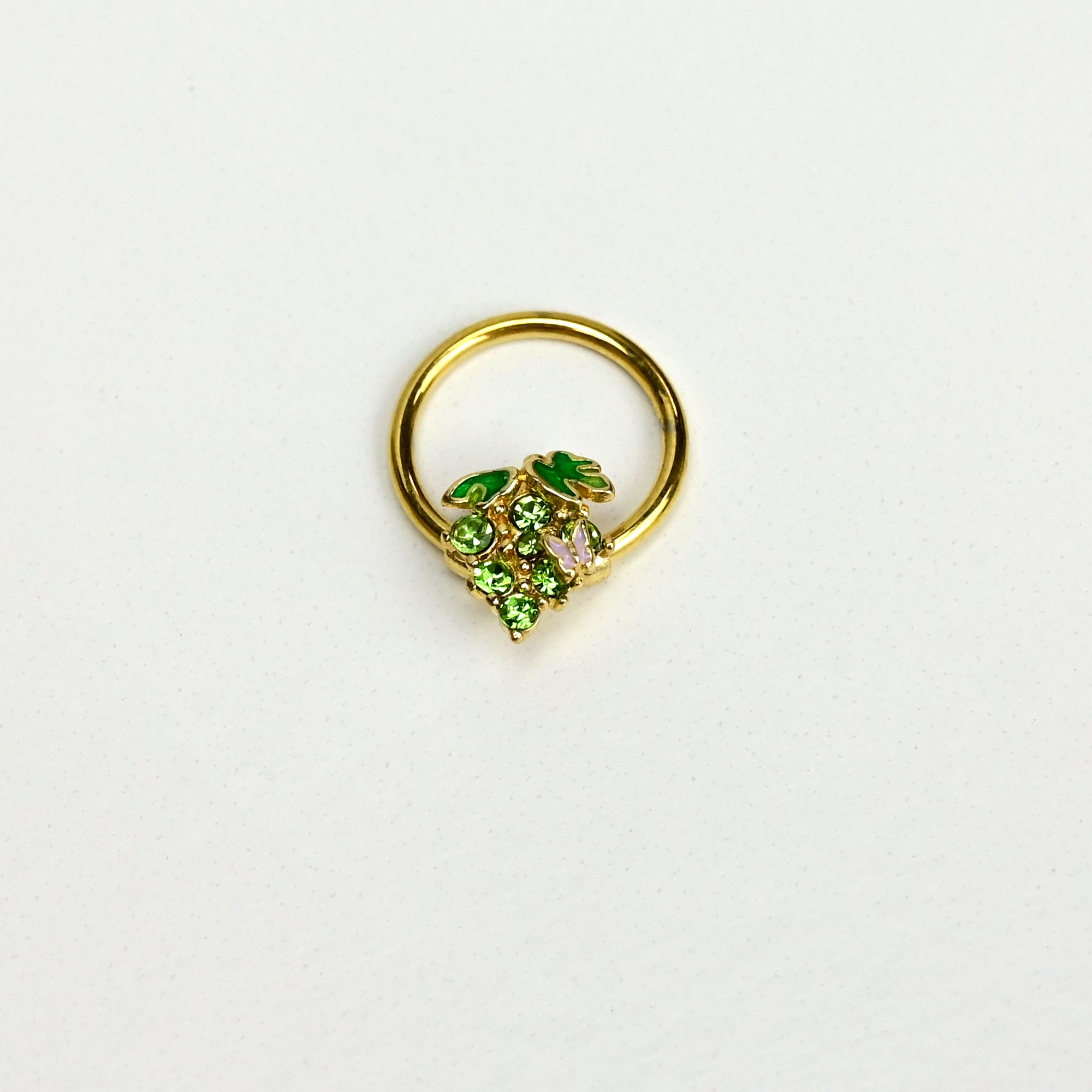 BodyCandy 16G 3/8 Green Gem Gold Tone Butterfly Grapes BCR Captive Ring — detail close-up