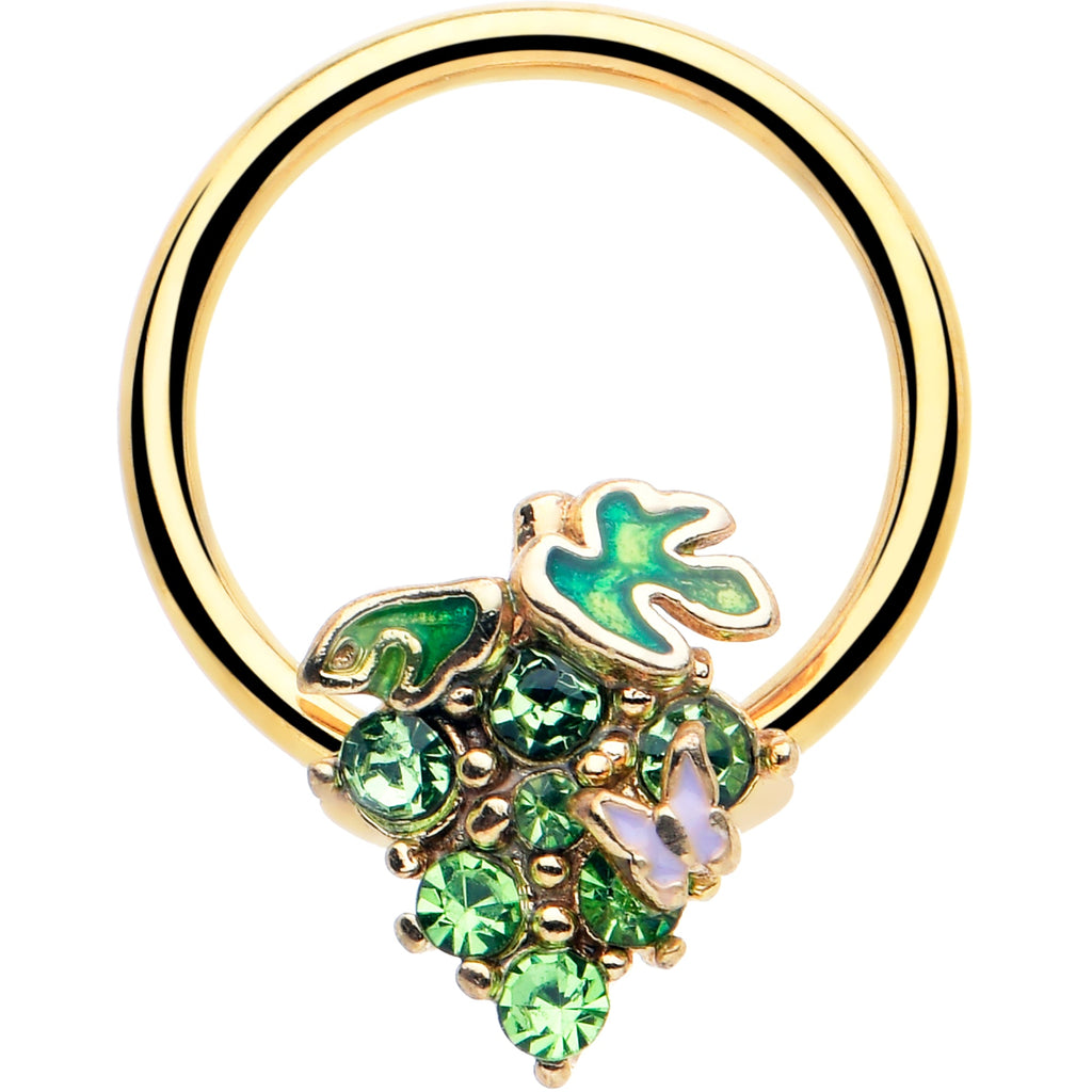 BodyCandy 16G 3/8 Green Gem Gold Tone Butterfly Grapes BCR Captive Ring — main product shot