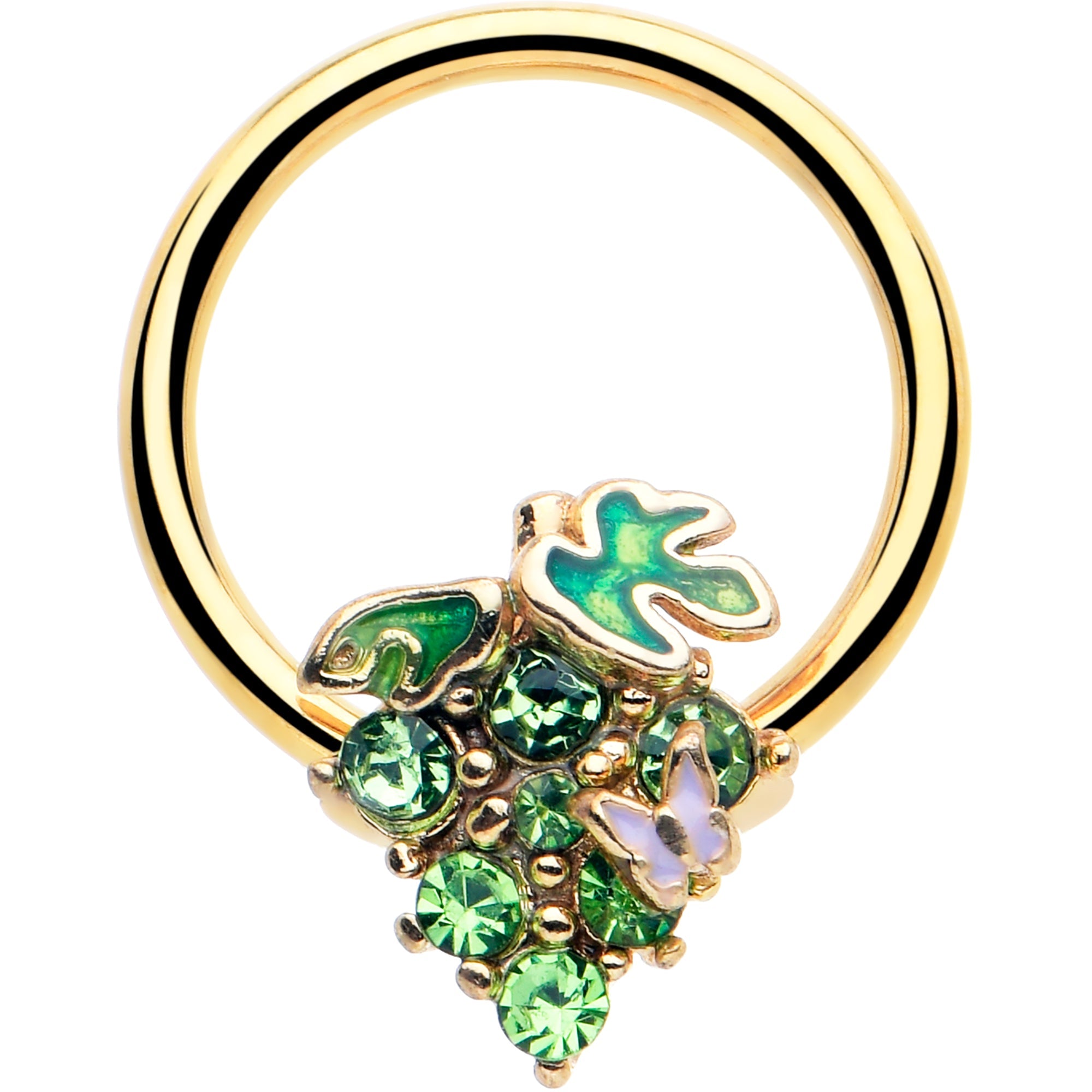 BodyCandy 16G 3/8 Green Gem Gold Tone Butterfly Grapes BCR Captive Ring — main product shot