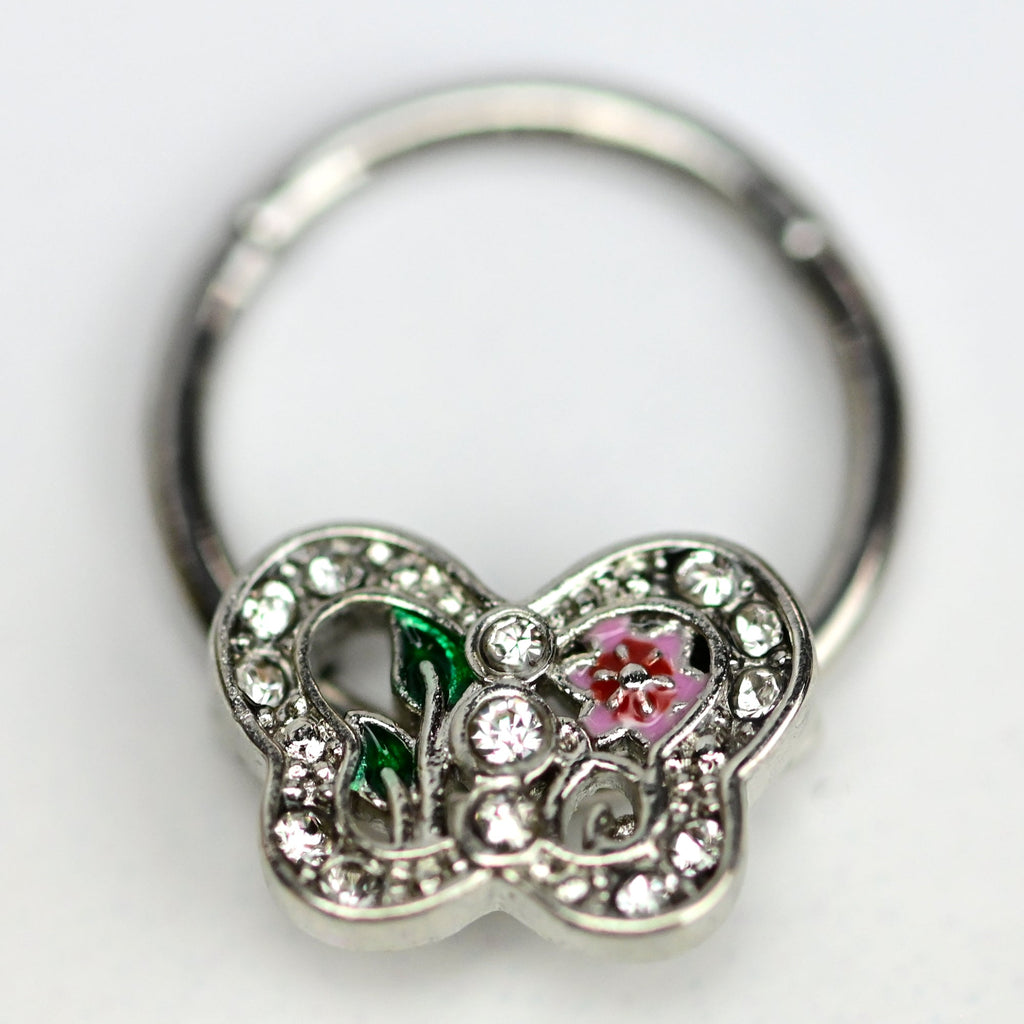 BodyCandy 16G 3/8 Clear Pink Gem Floral Butterfly Style Hinged Segment Ring — detail close-up