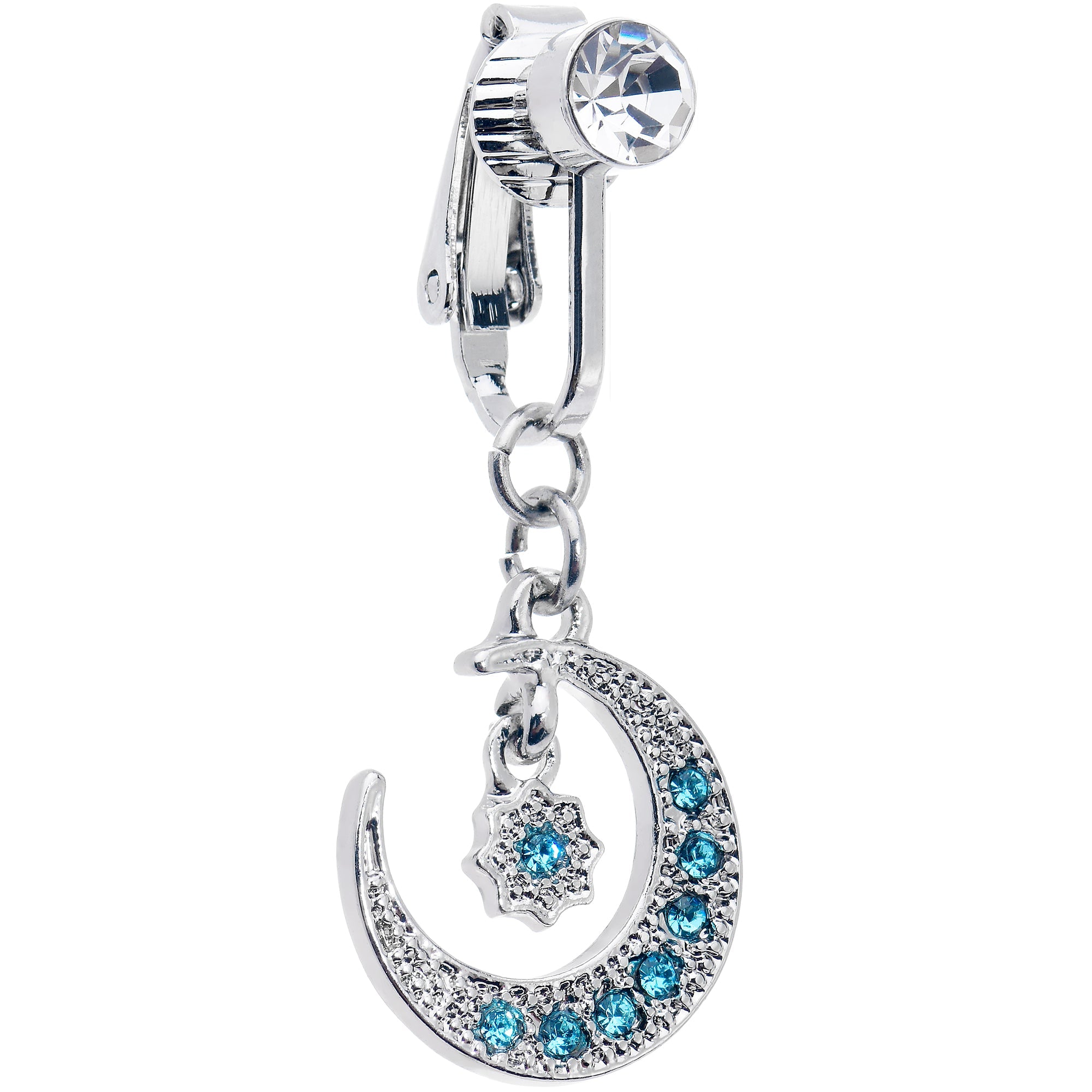 BodyCandy Blue CZ Gem Crescent Moon Star Dangle Clip on Fake Belly Ring — main product shot