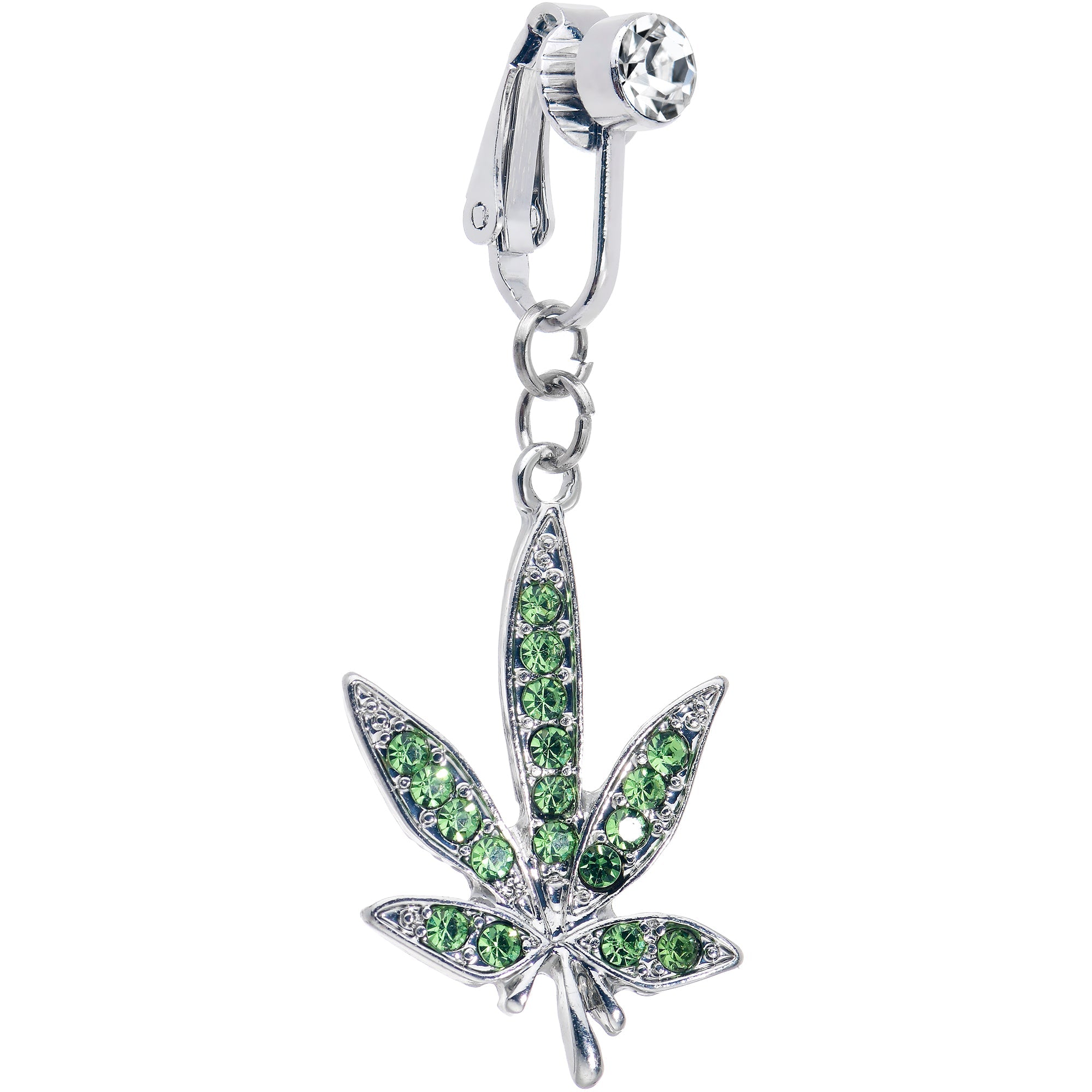 BodyCandy Light Green CZ Gem Pot Leaf 420 Clip on Fake Belly Ring — main product shot