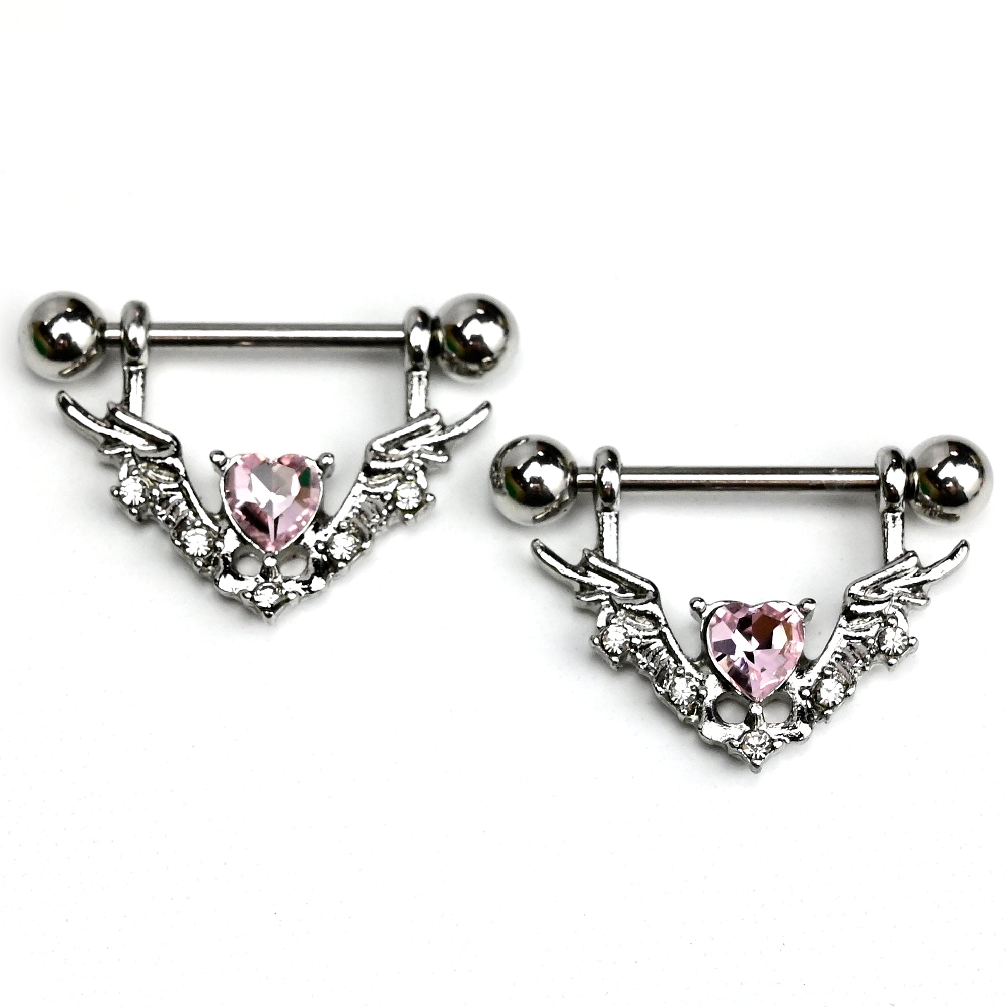 BodyCandy 14G 9/16 Pink Gem Winged Hearts Angel Dangle Nipple Ring Set — main product shot