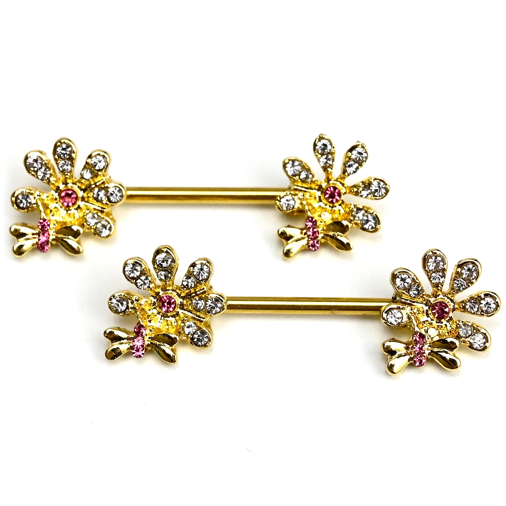 BodyCandy 14G 9/16 Clear Gem Gold Hue Classic Bee Flower Dangle Nipple Ring Set — main product shot