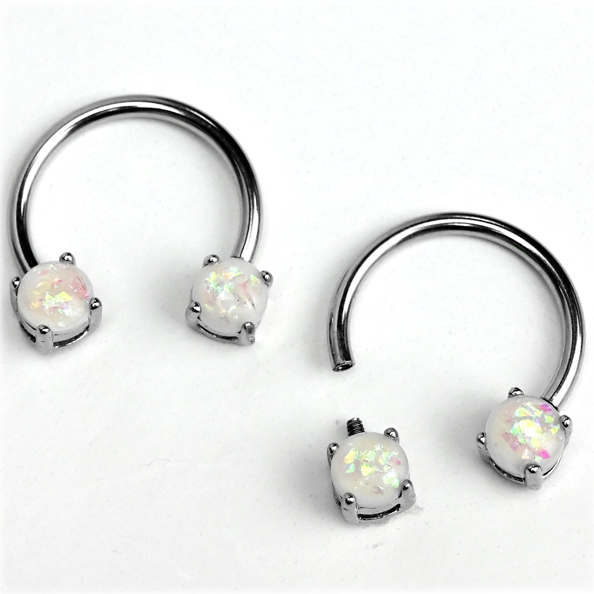 BodyCandy 14G 9/16 White Faux Opal Internally Threaded Horseshoe Nipple Ring Set — main product shot