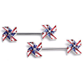 14G 9/16 Clear Gem Festive Patriot Pinwheel Barbell Nipple Ring Set
