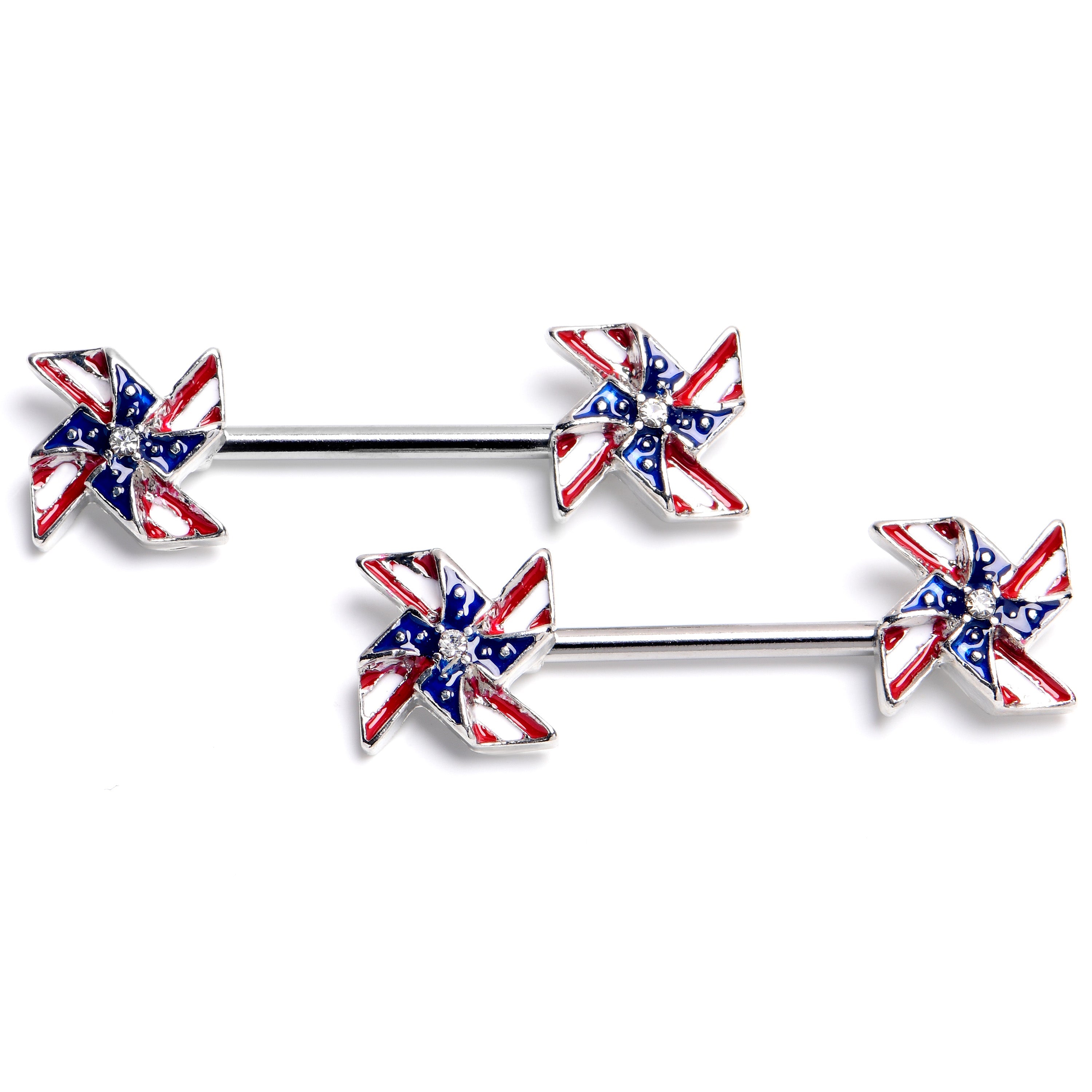 BodyCandy 14G 9/16 Clear Gem Festive Patriot Pinwheel Barbell Nipple Ring Set — main product shot