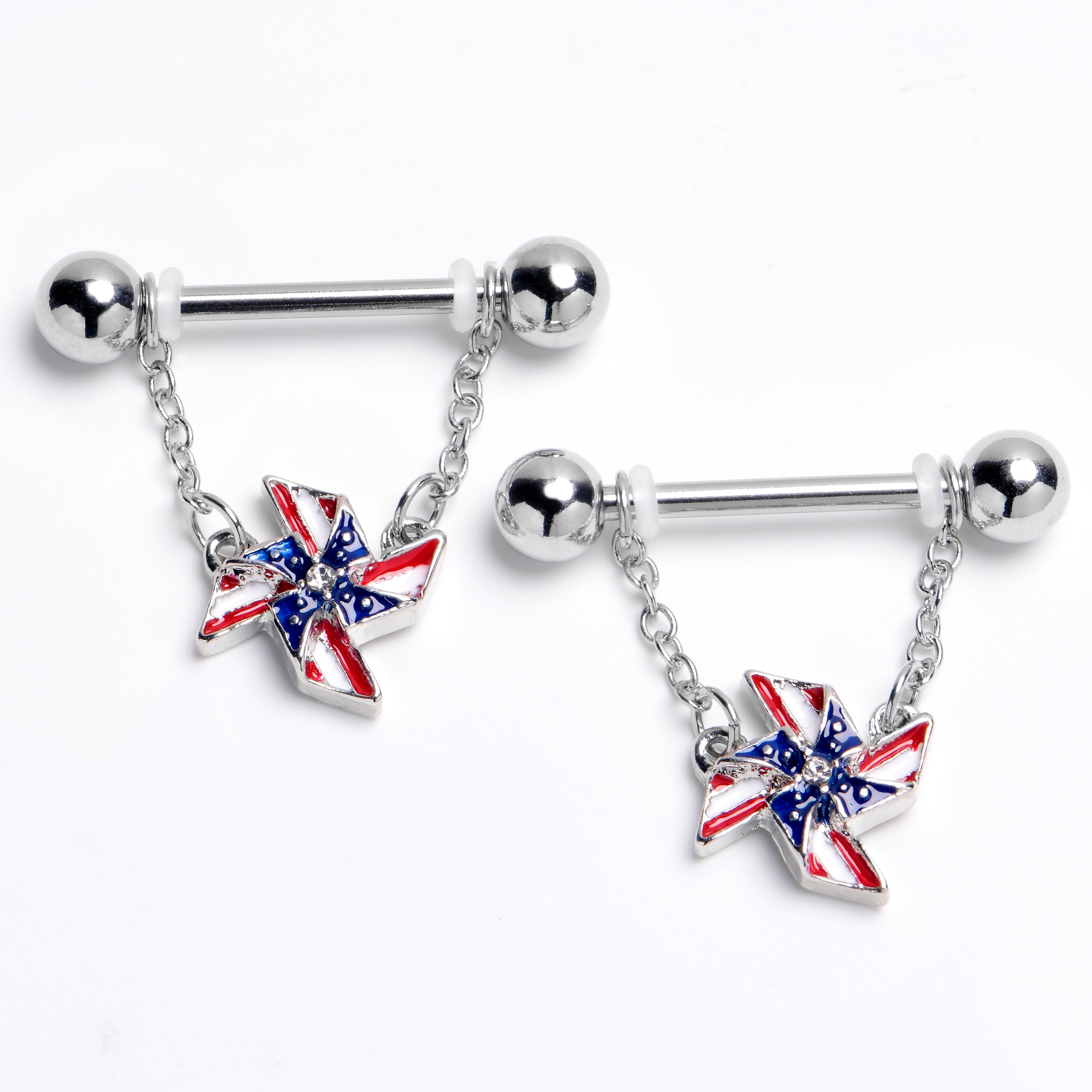 BodyCandy 14G 9/16 Clear Gem Festive Patriot Pinwheel Dangle Nipple Ring Set — main product shot