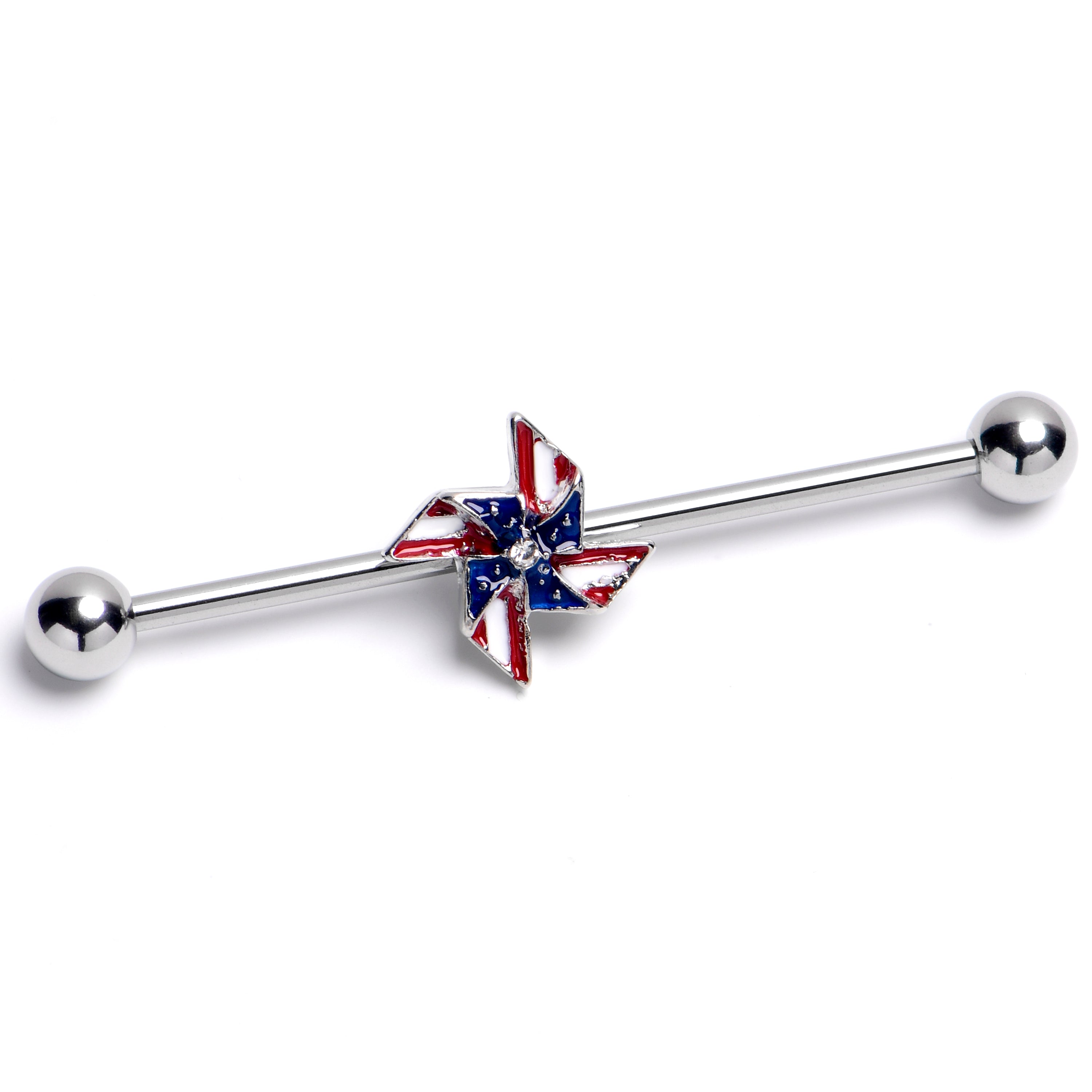BodyCandy 14G Clear Gem Festive Patriot Pinwheel Industrial Barbell 38mm — main product shot