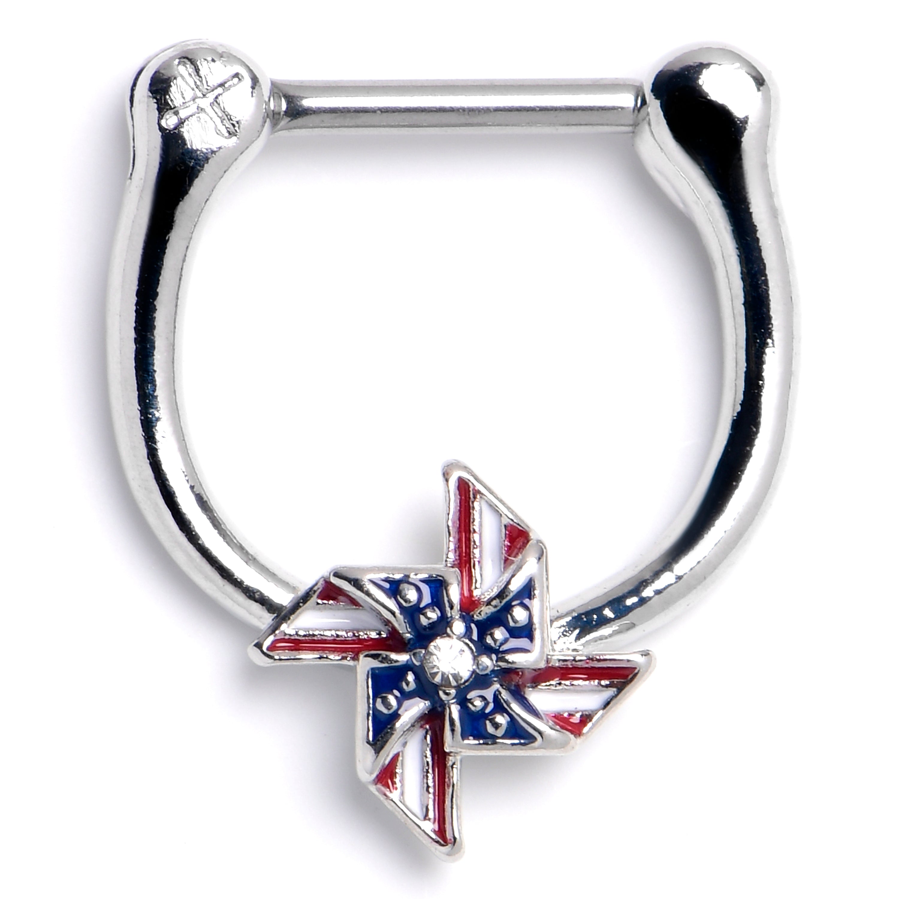 BodyCandy 16G 5/16 Clear Gem Festive Patriotic Pinwheel Cartilage Clicker — main product shot