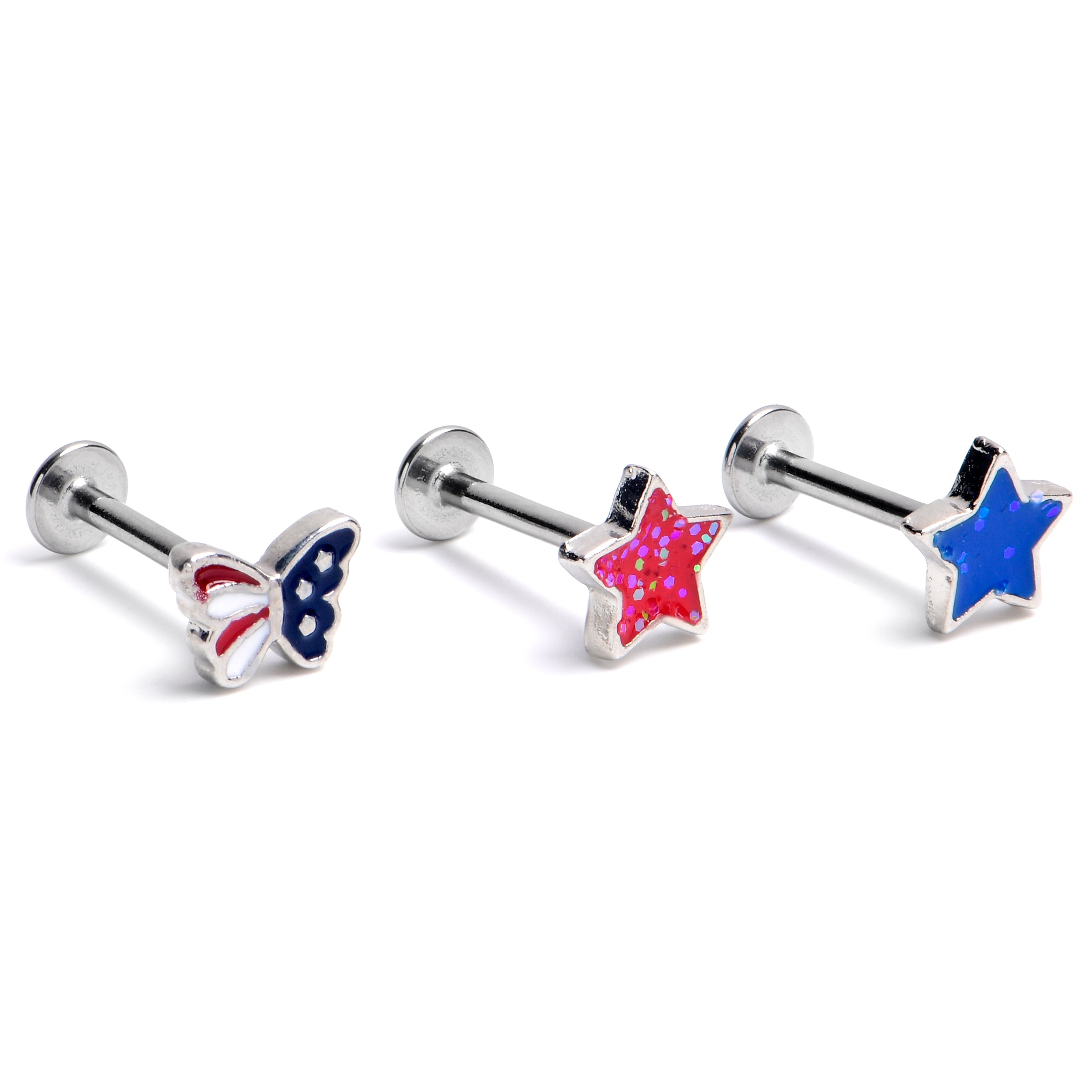 BodyCandy 16G 5/16 Stars Butterfly Patriotic Labret Monroe Tragus Curation Set of 3 — main product shot