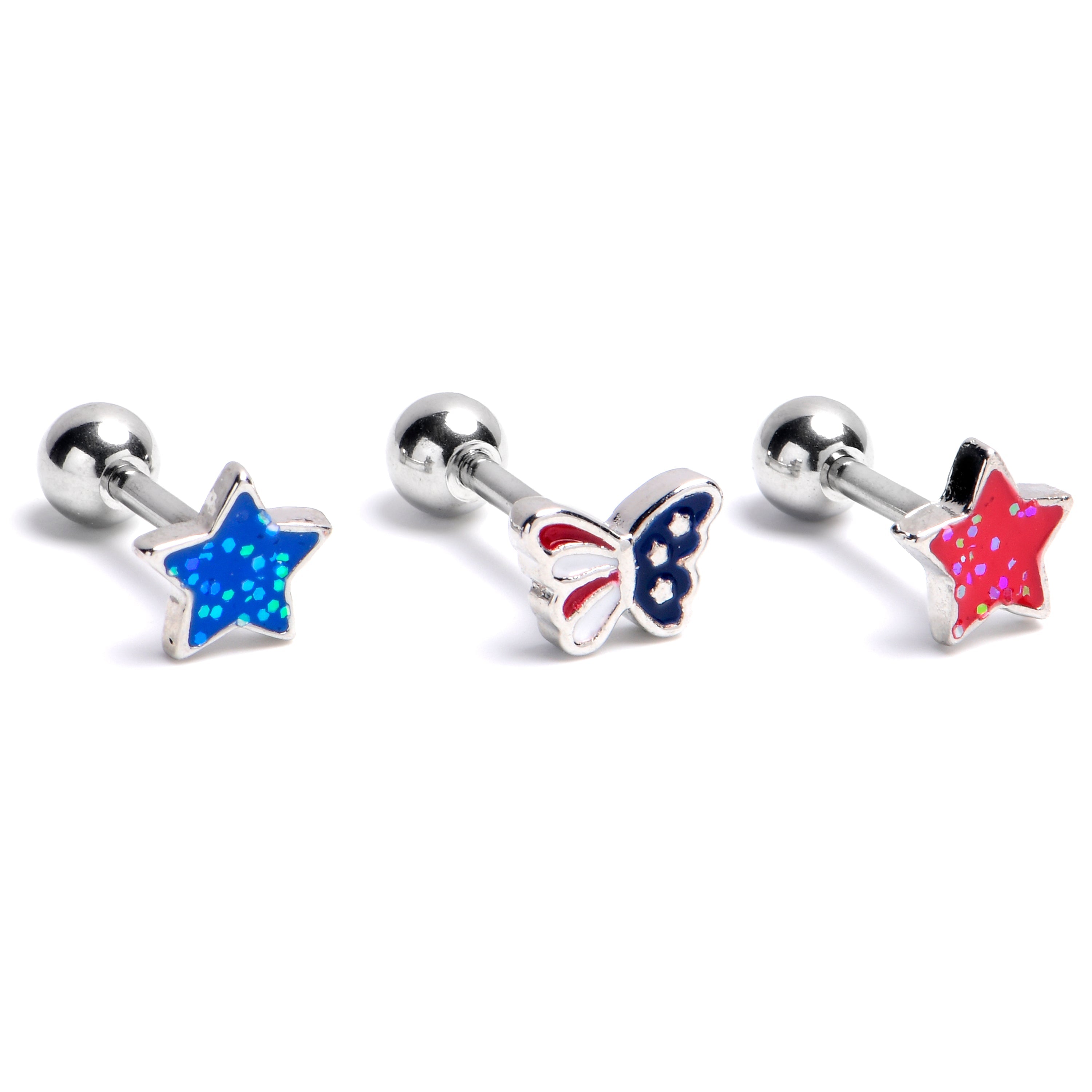 BodyCandy 16G 1/4 Star Butterfly Patriotic Cartilage Tragus Earring Curation Set of 3 — main product shot