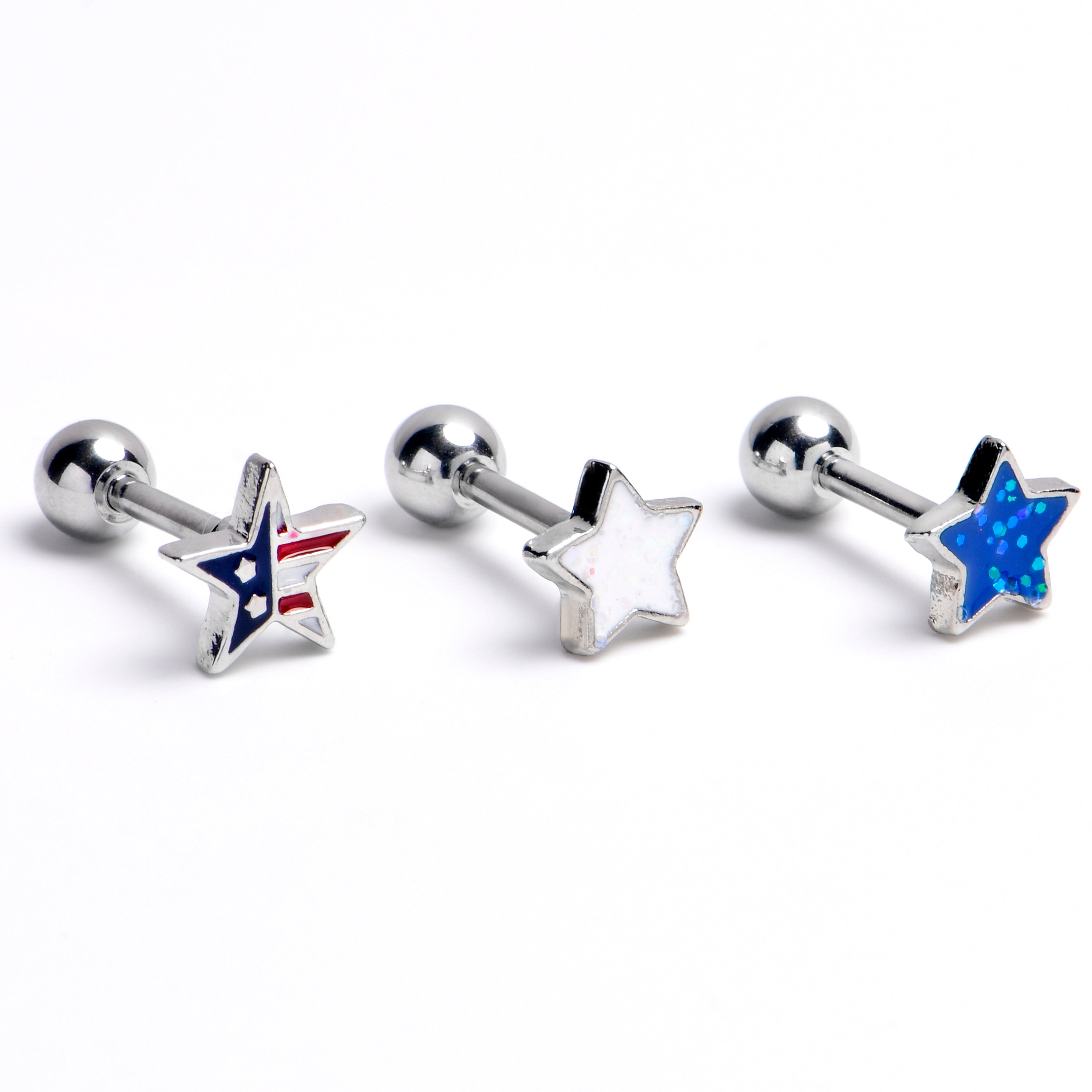 BodyCandy 16G 1/4 Stars Flag Patriotic Cartilage Tragus Earring Curation Set of 3 — main product shot