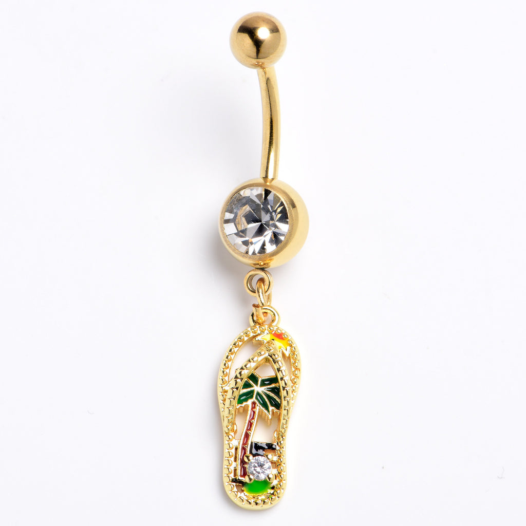 BodyCandy Clear Gem Gold Tone Beach Sandal Dangle Belly Ring — detail close-up
