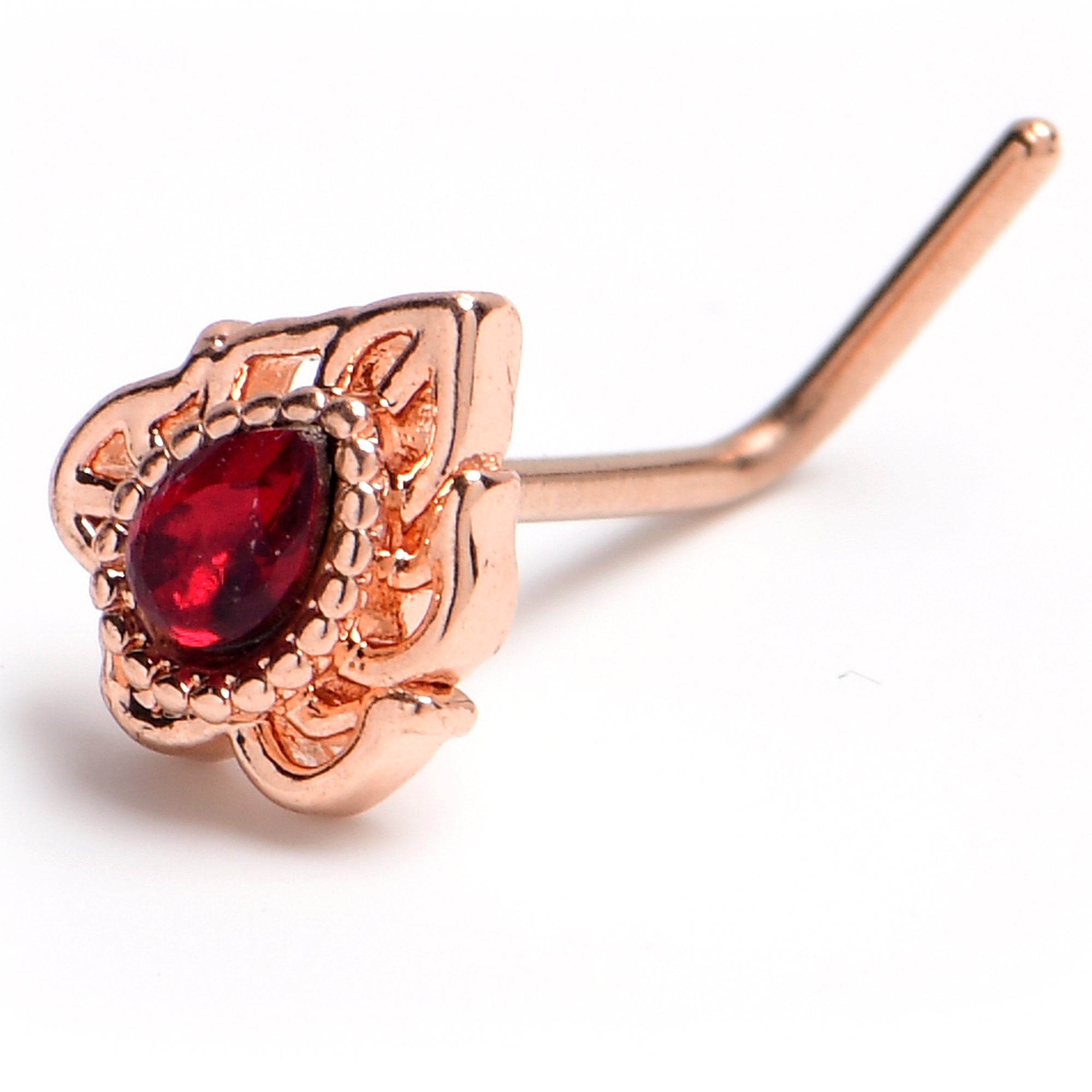 BodyCandy 20G 7mm Red Gem Rose Gold Tone Simple Drop L Shape Nose Ring — main product shot