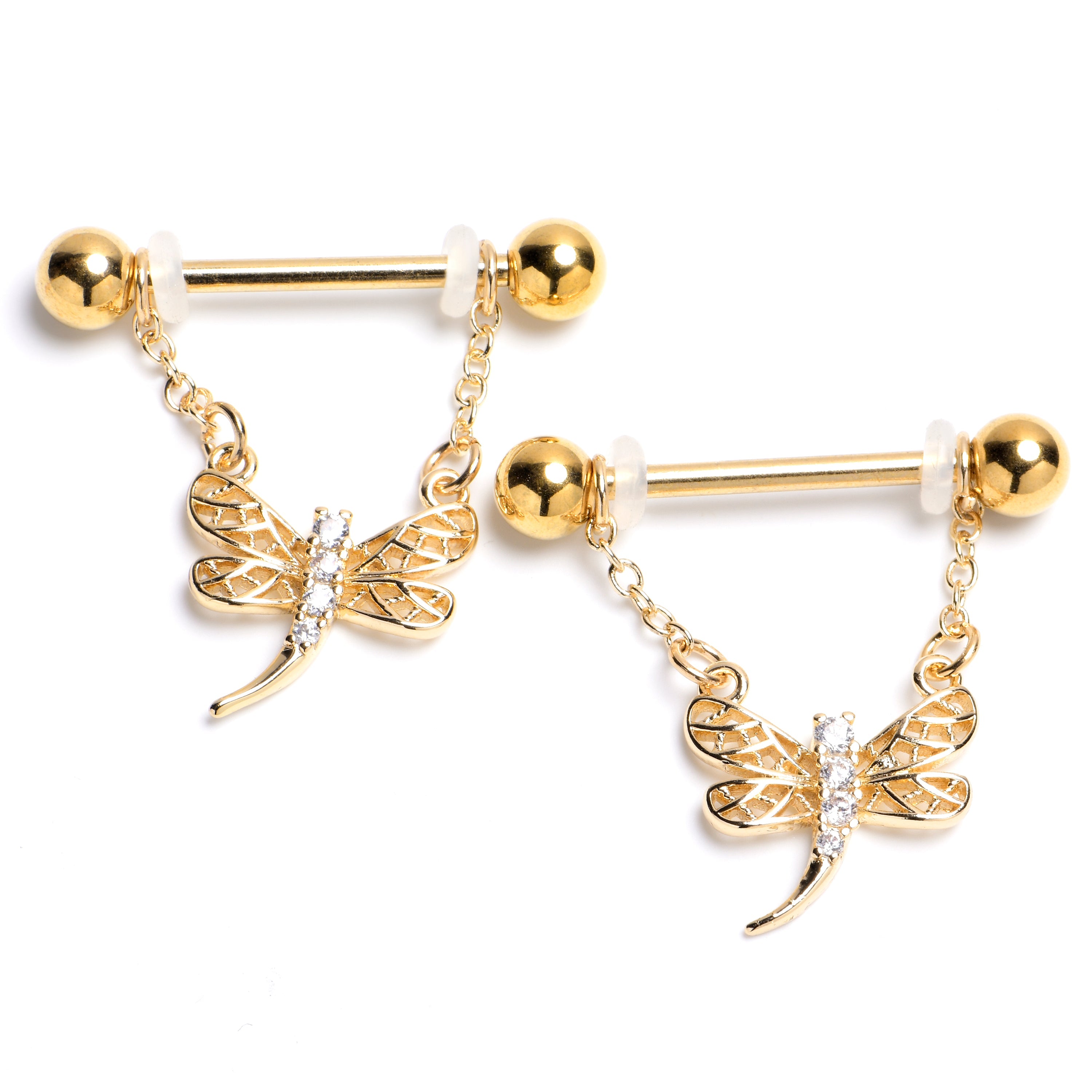 BodyCandy 14G 9/16 Clear Gem Gold Hue Filigree Dragonfly Dangle Nipple Ring Set — main product shot