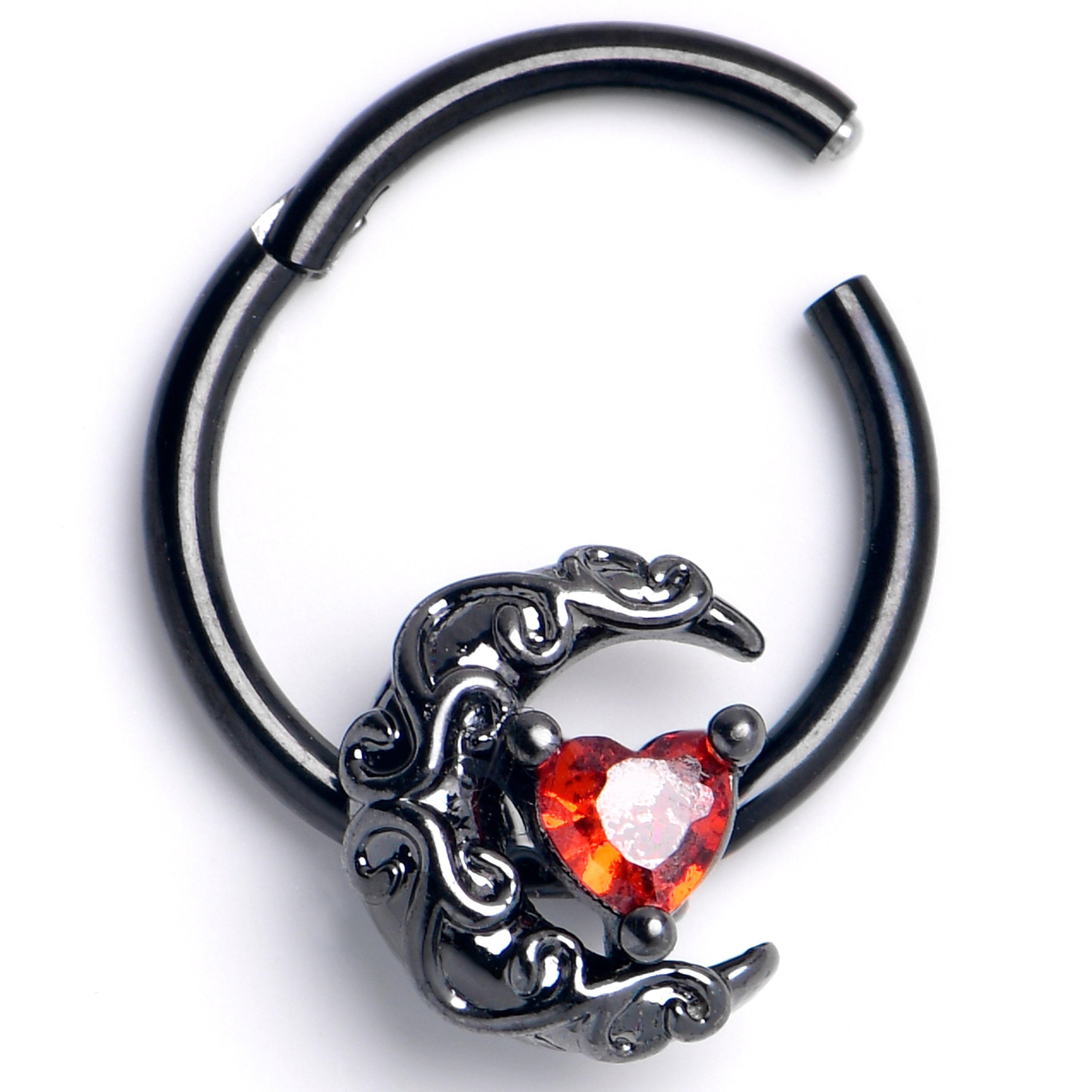 BodyCandy 16G 3/8 Red CZ Gem Black Scrolling Moon Heart Hinged Segment Ring — main product shot
