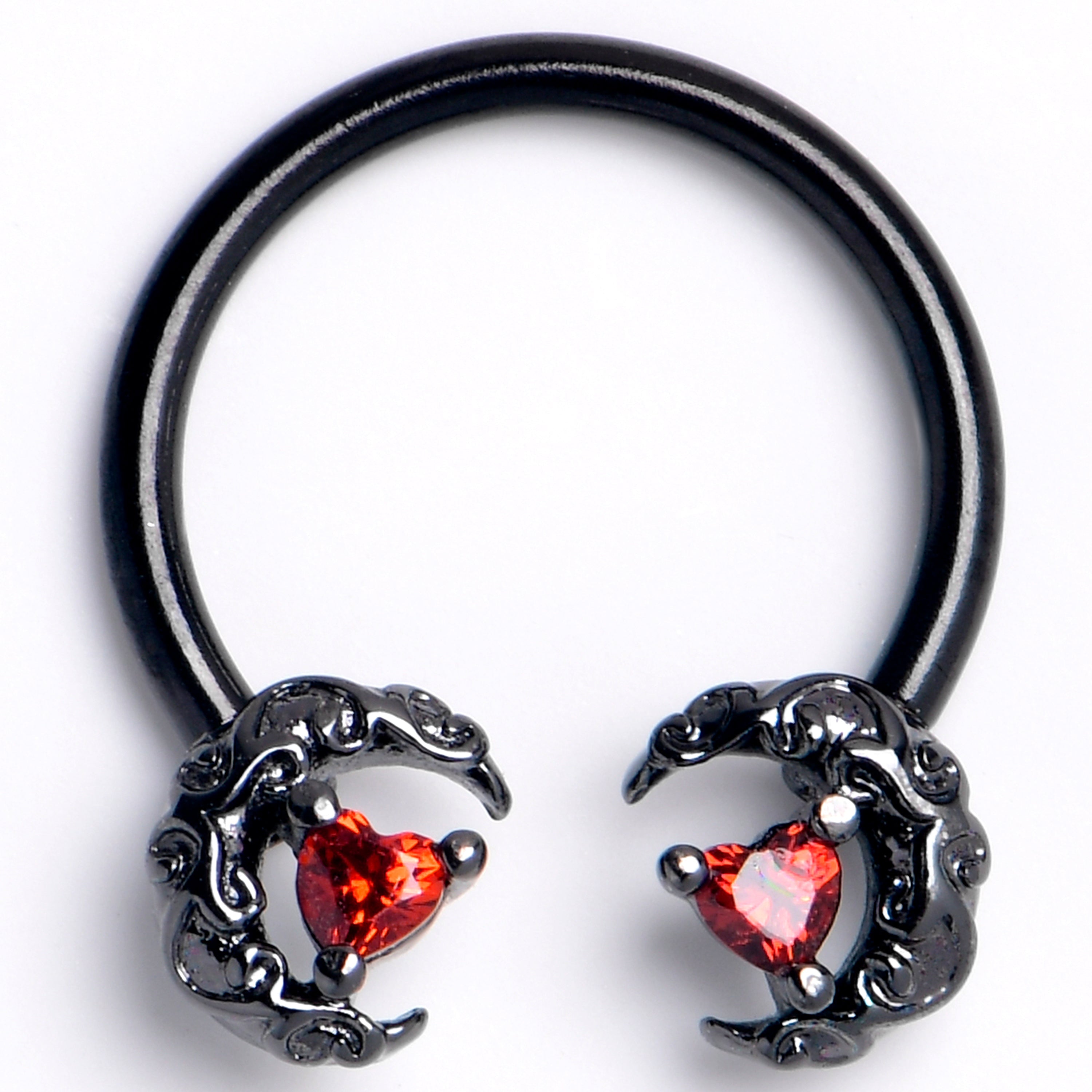 BodyCandy 16G 3/8 Red CZ Gem Black Scrolling Moon Heart Horseshoe Barbell — main product shot