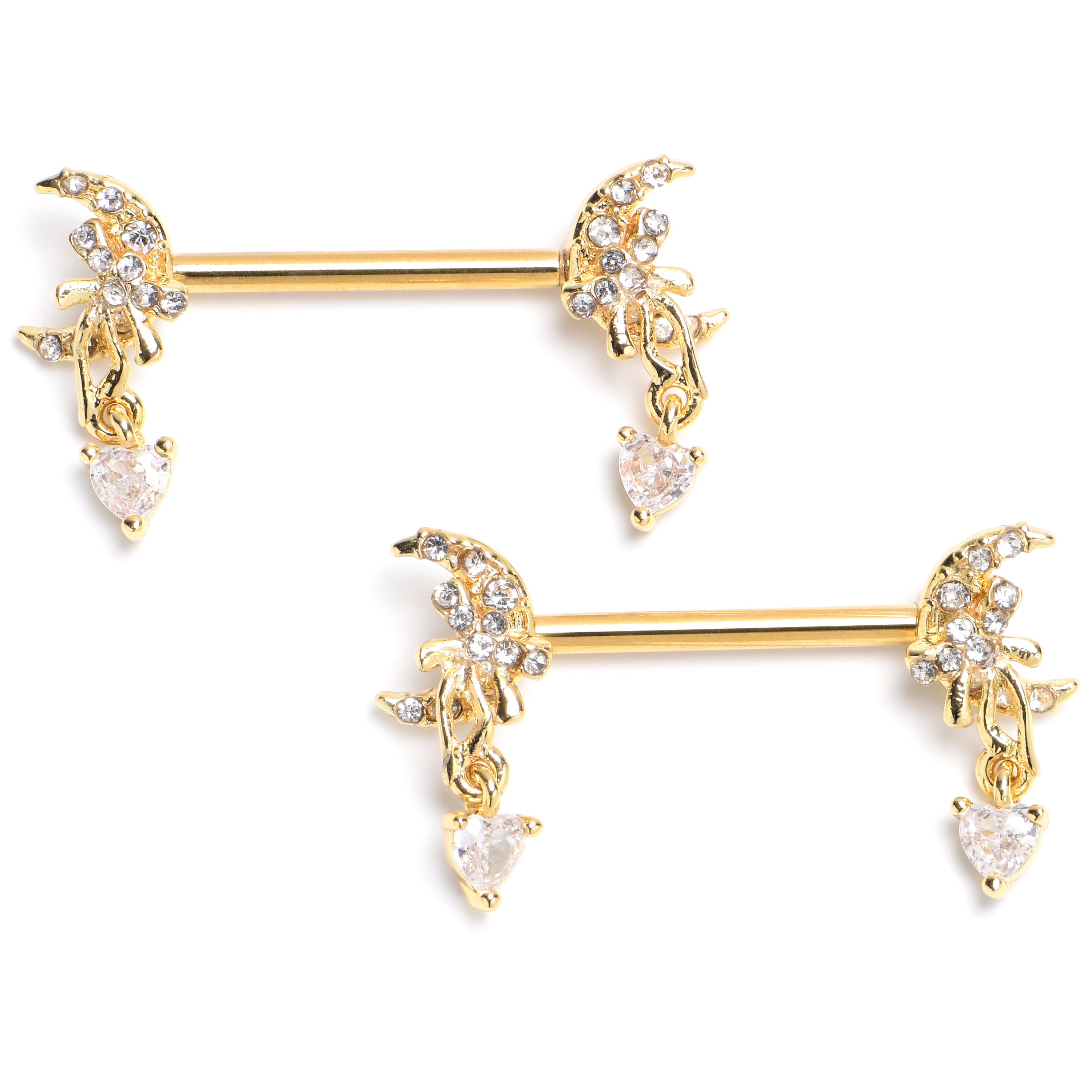 BodyCandy 14G 9/16 Clear CZ Gem Gold Tone Moon Bow Heart Dangle Nipple Ring Set — main product shot
