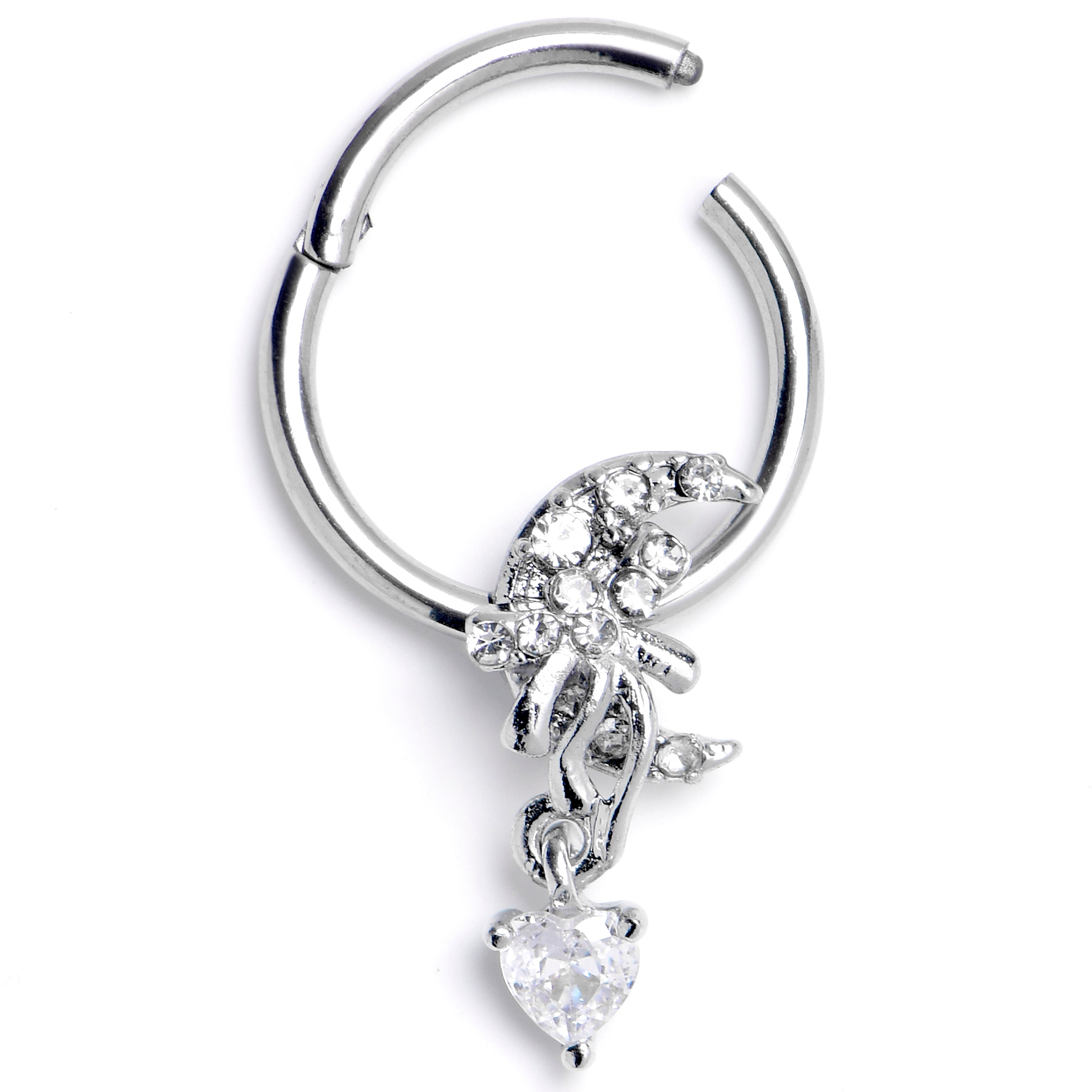 BodyCandy 16G Clear CZ Gem Moon Bow Heart Dangle Hinged Segment Ring — main product shot