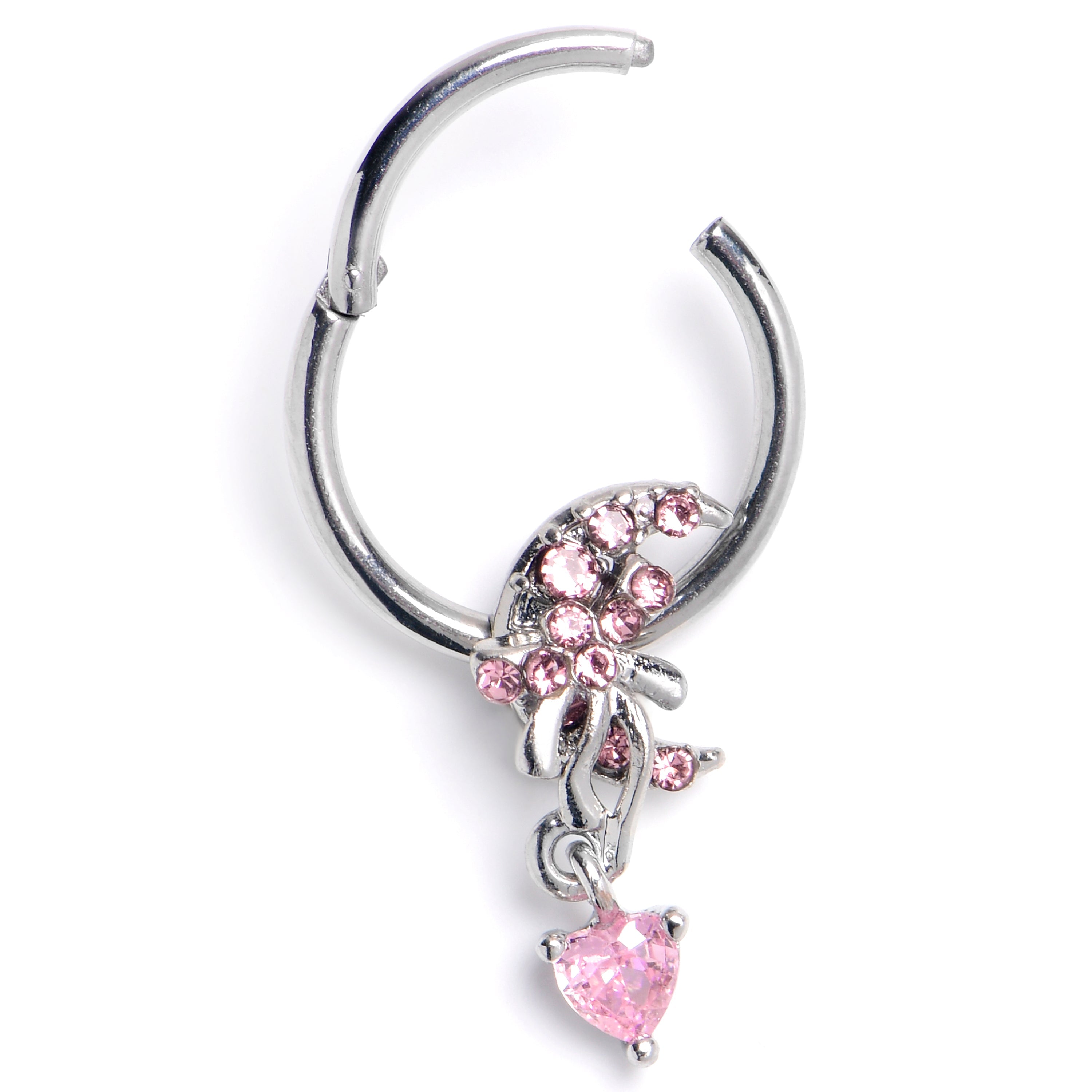 BodyCandy 16G Pink CZ Gem Moon Bow Heart Dangle Hinged Segment Ring — main product shot